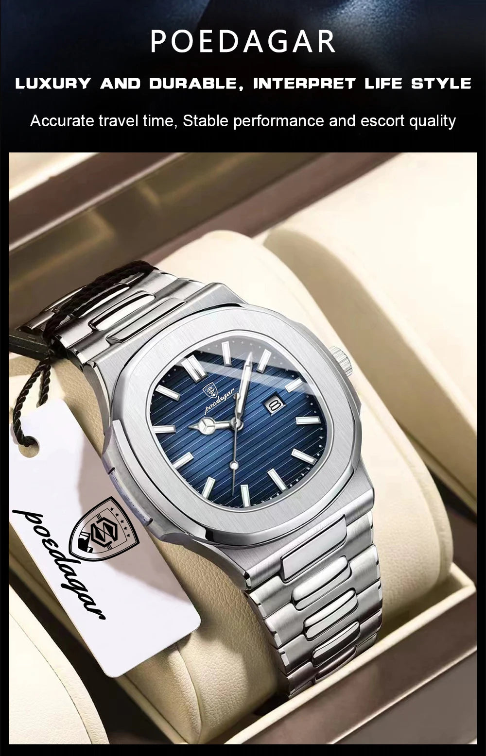 Square Stainless Steel Gift Set – Date Display with Luminous Dial & Hidden Clasp
