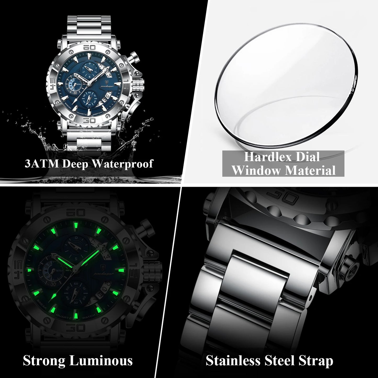 Large Chronograph Watch – Luminous Numberless Dial with Hidden Clasp