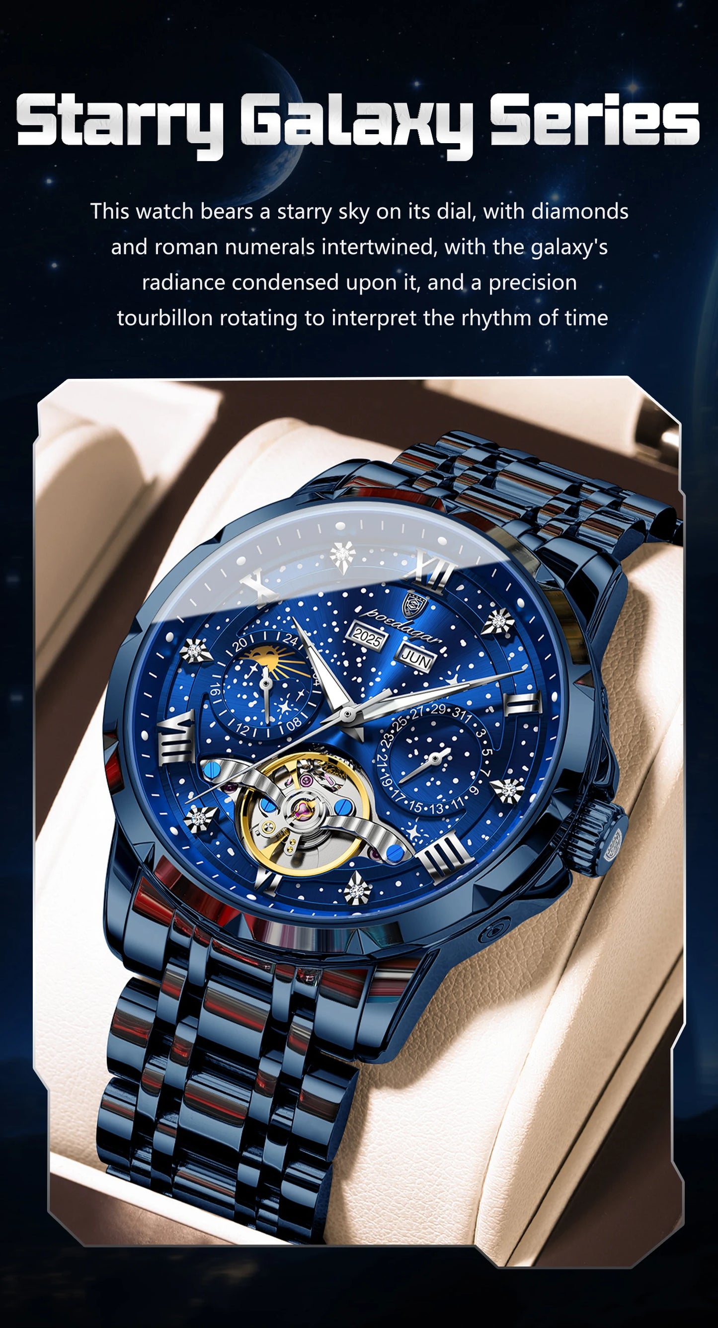 Automatic Skeleton Watch – Tourbillon Style with Roman Numeral Dial & Full Calendar