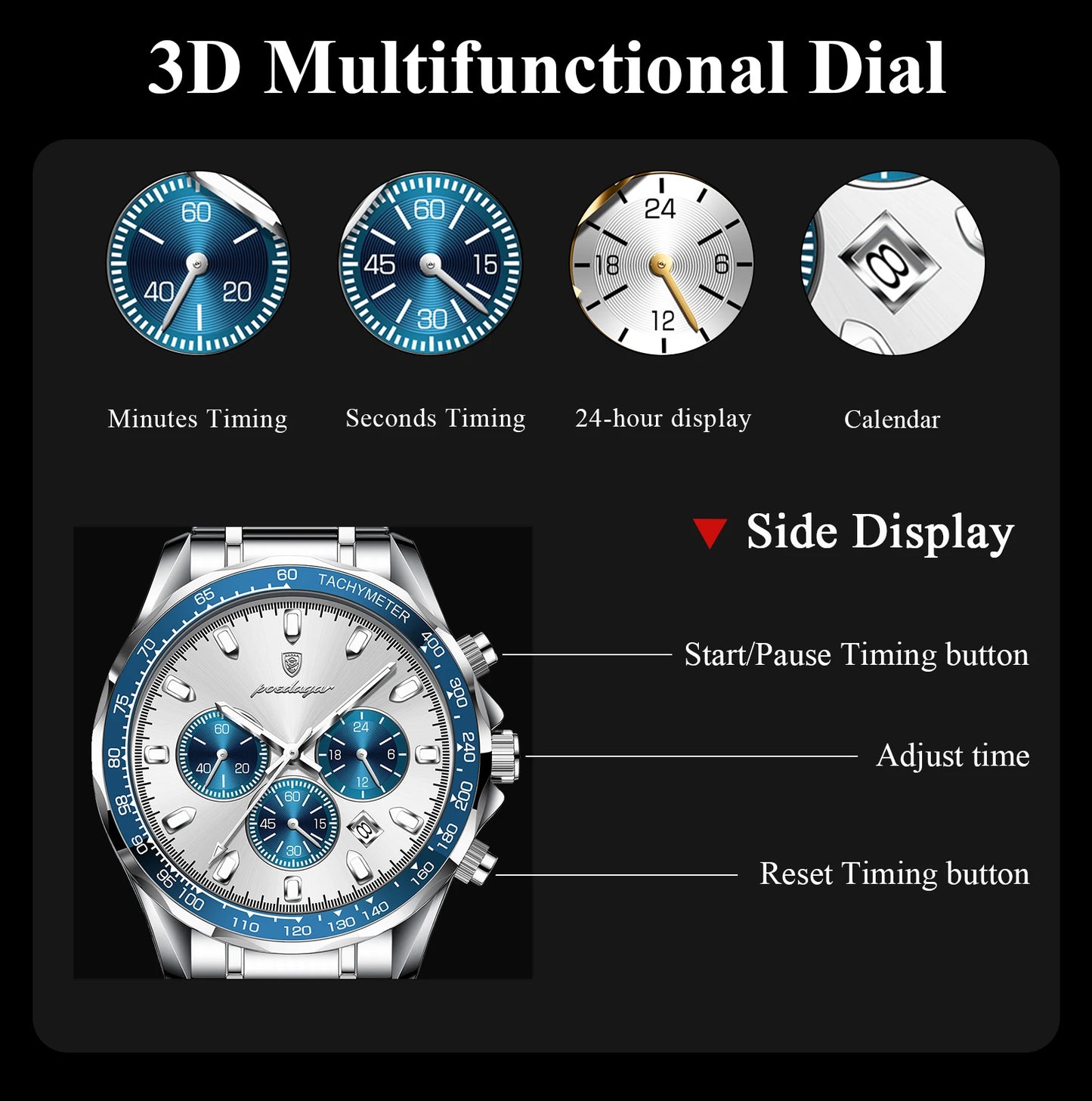 Chronograph Business Watch – Luminous Numberless Dial with Hidden Clasp Bracelet