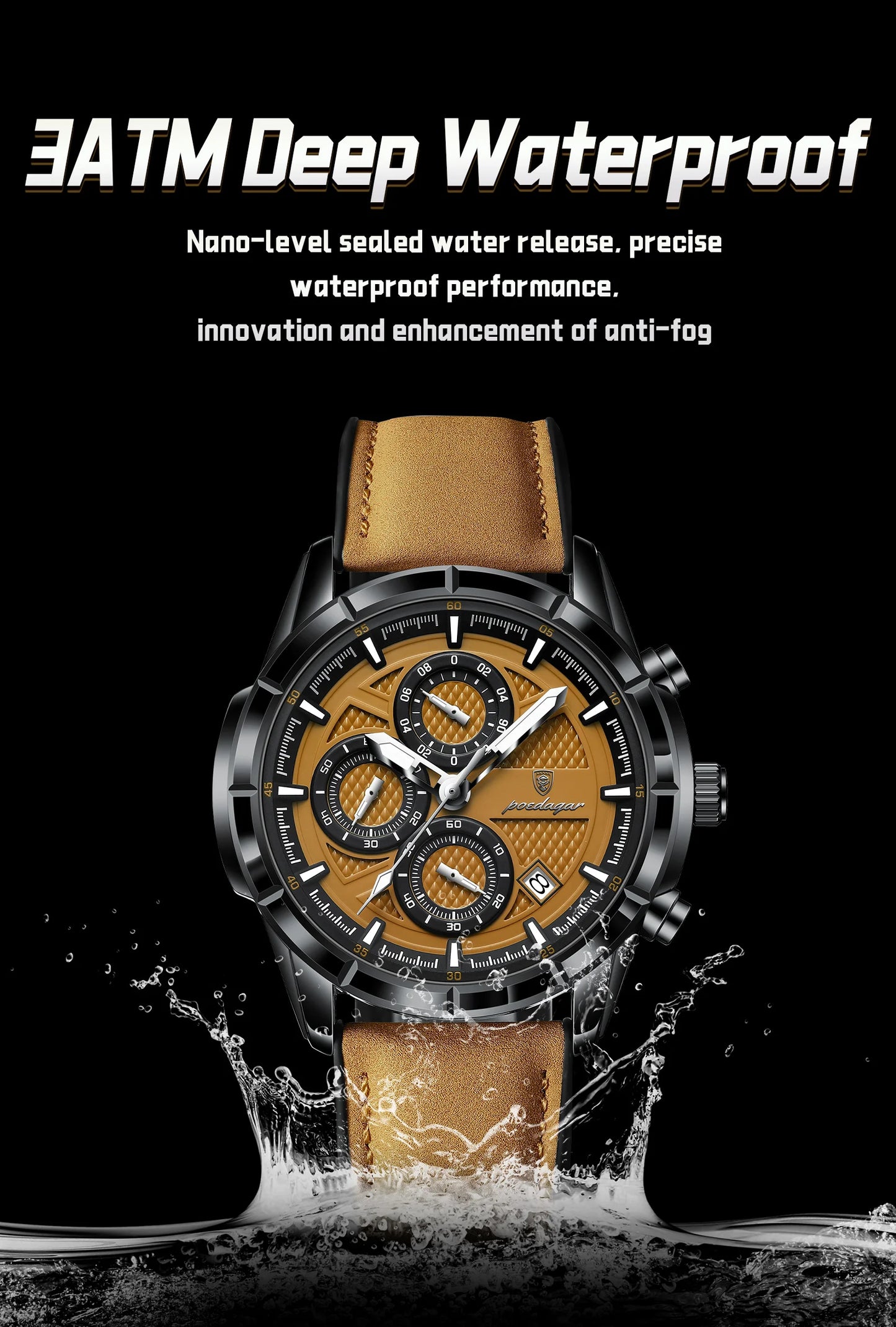 Large Chronograph Watch – Arabic Dial with Leather Strap & Date
