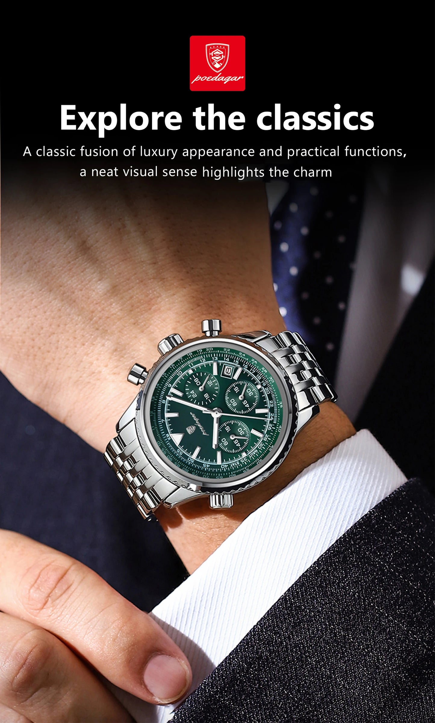 Chronograph Date Watch – Luminous Numberless Dial with Hidden Clasp Bracelet