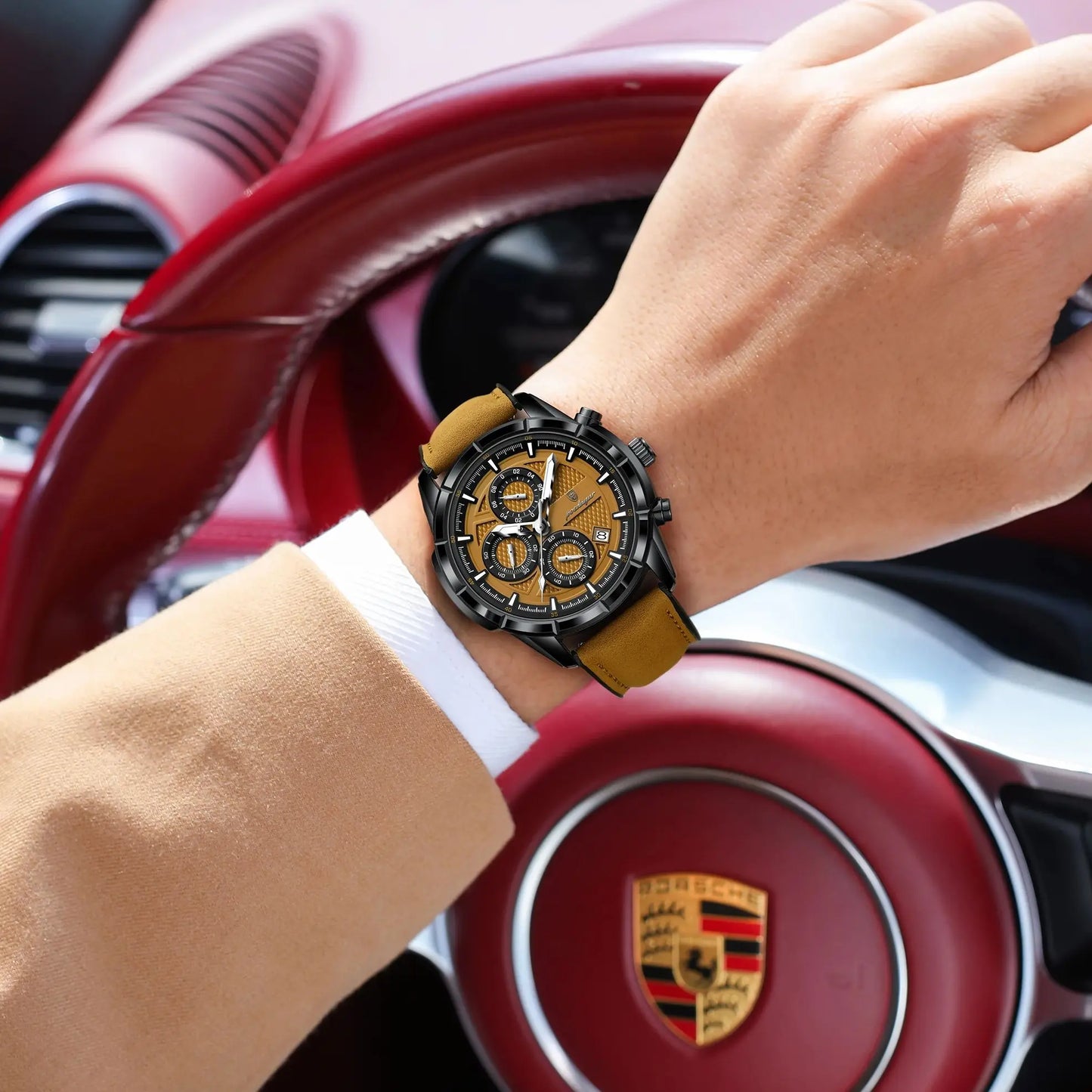 Large Chronograph Watch – Arabic Dial with Leather Strap & Date