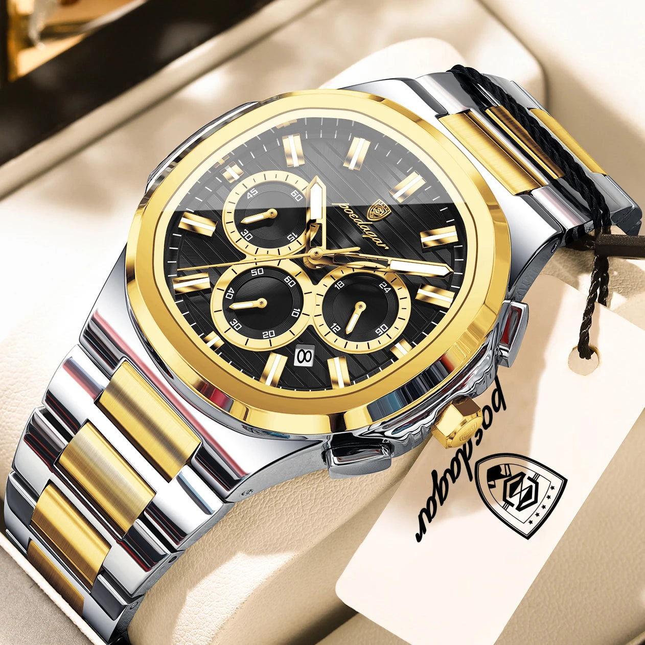 Square Chronograph Watch – Large Numberless Dial with Hidden Clasp Bracelet