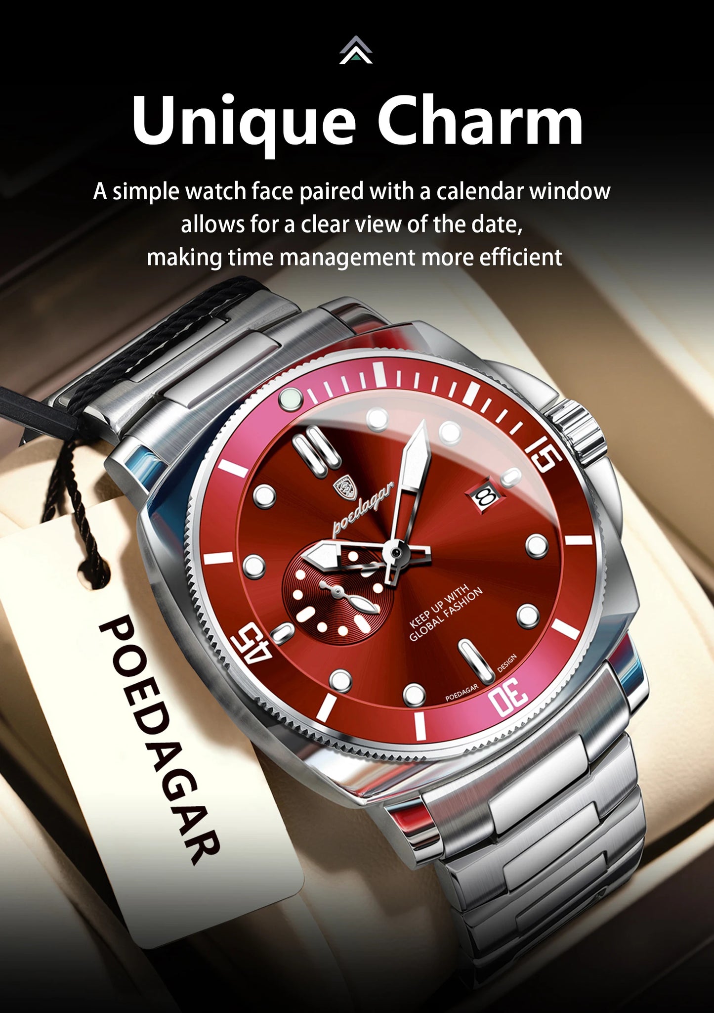 Business Date Watch – Luminous Numberless Dial with Hidden Clasp Bracelet