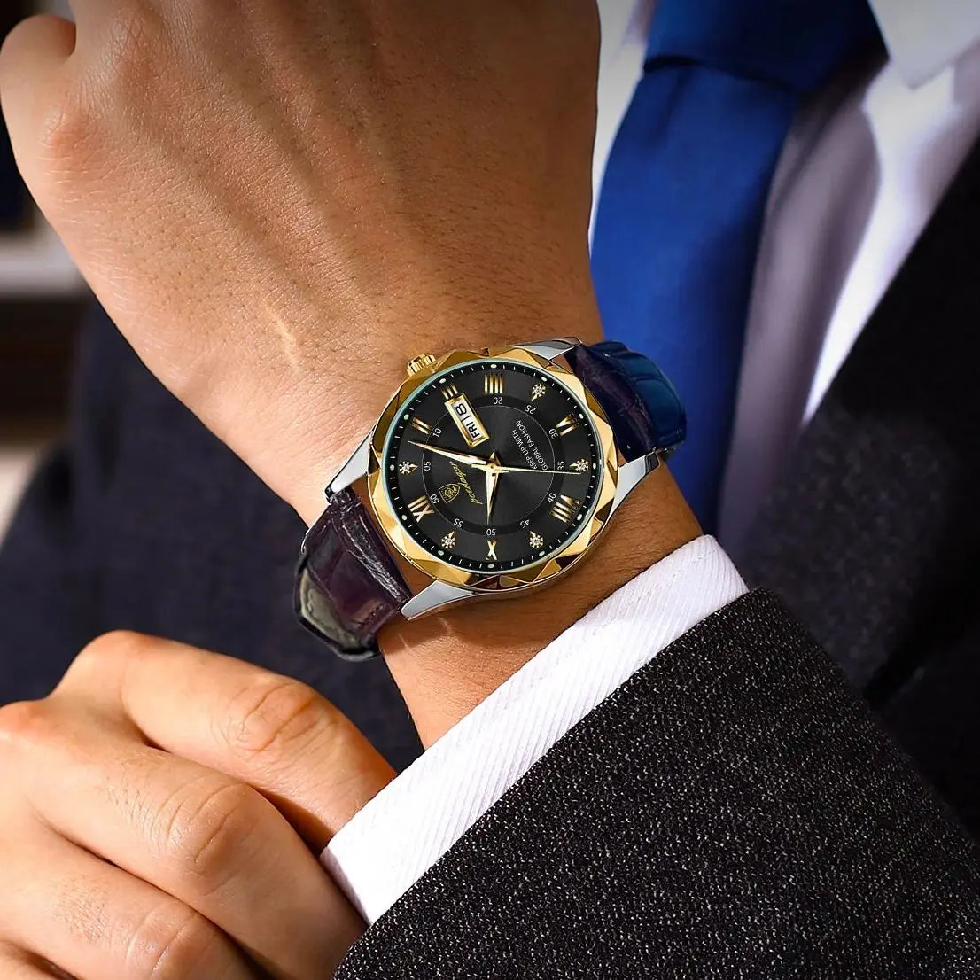 Roman Numeral Full Calendar Watch – Leather Strap with Date, Week & Luminous Dial
