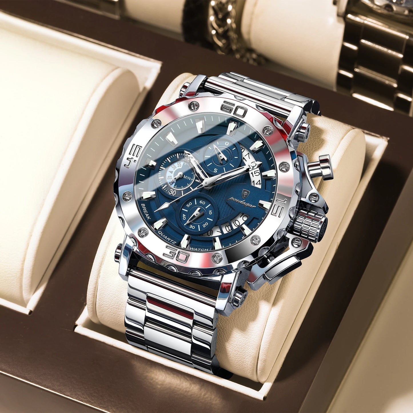 Large Chronograph Watch – Luminous Numberless Dial with Hidden Clasp
