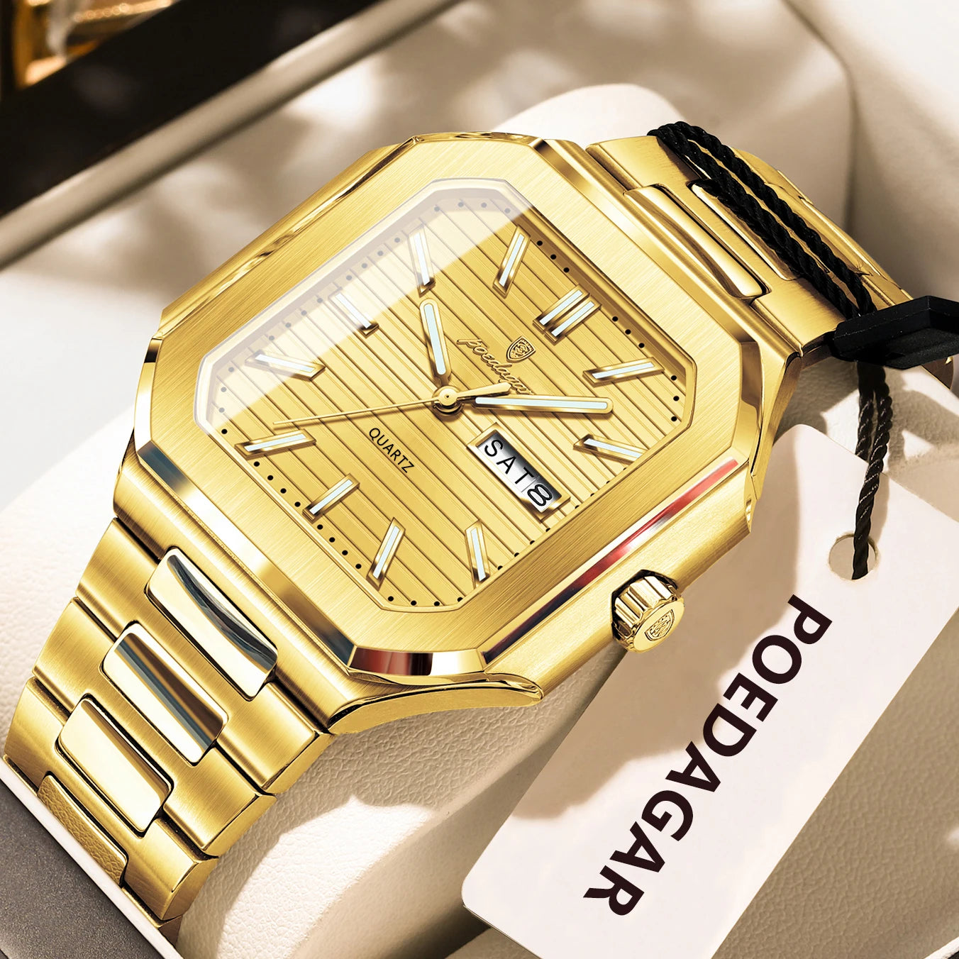 Square Stainless Steel Watch – Luminous Numberless Dial with Hidden Clasp