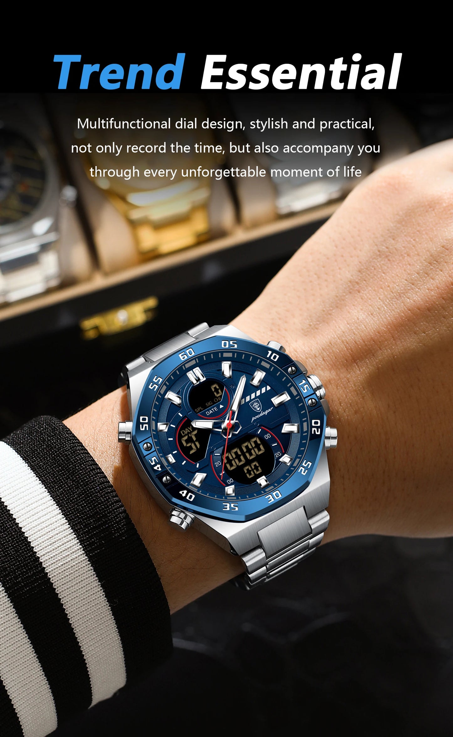 LED Analog-Digital Chronograph Watch – Full Calendar with Alarm & Bracelet