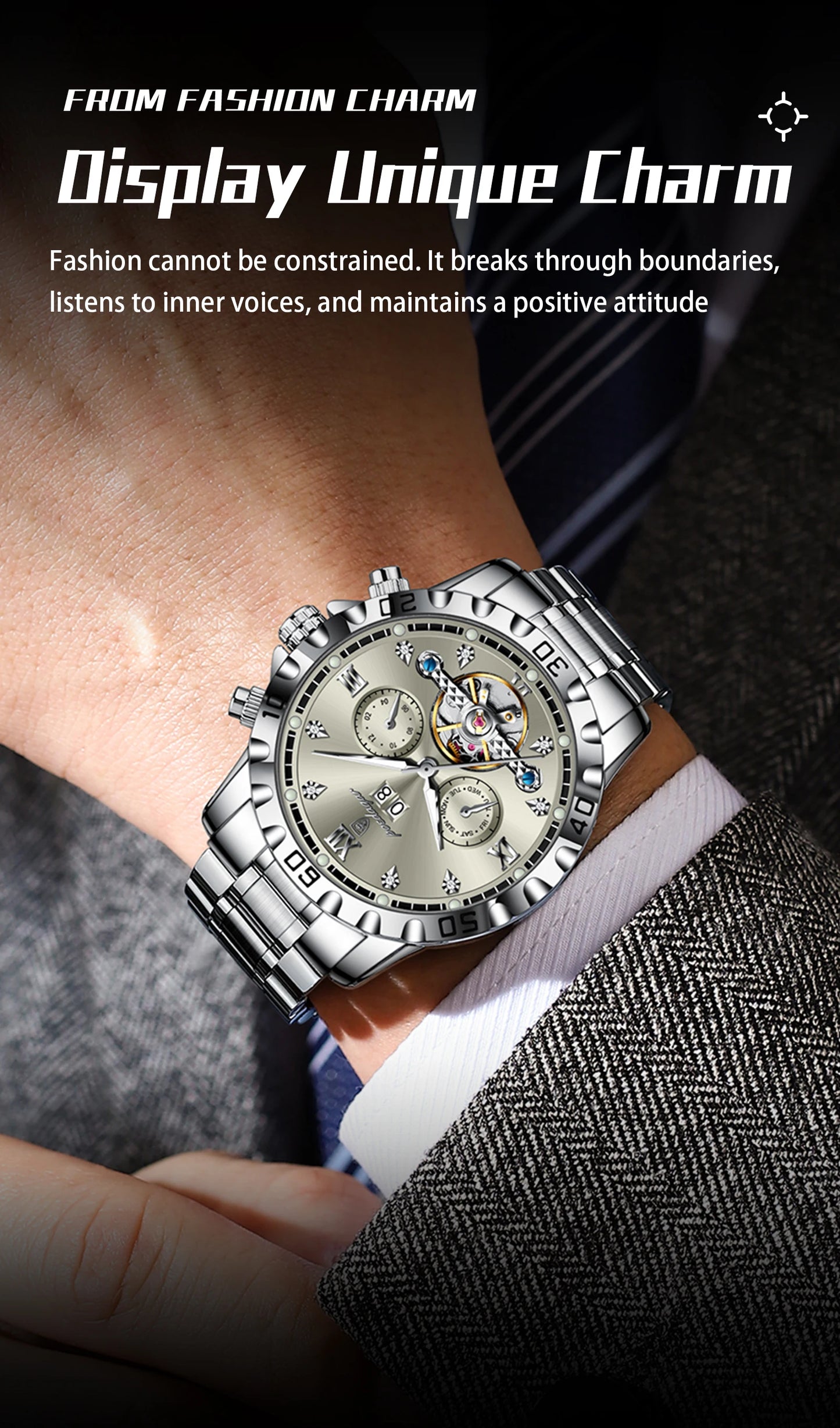 Automatic Tourbillon Style Watch – Sapphire Crystal with Week Display & Hidden Clasp