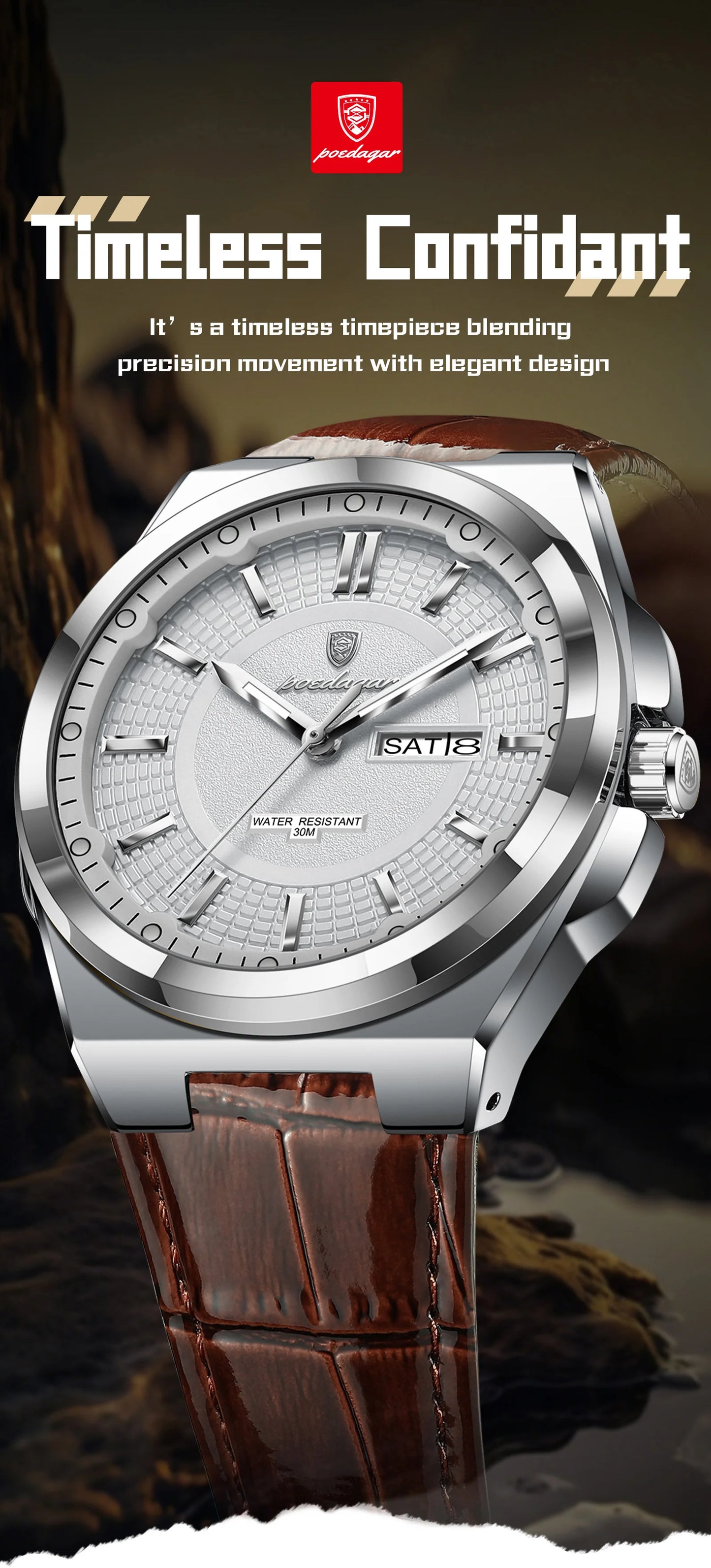 Full Calendar Leather Watch – Luminous Dial with Date & Week Display