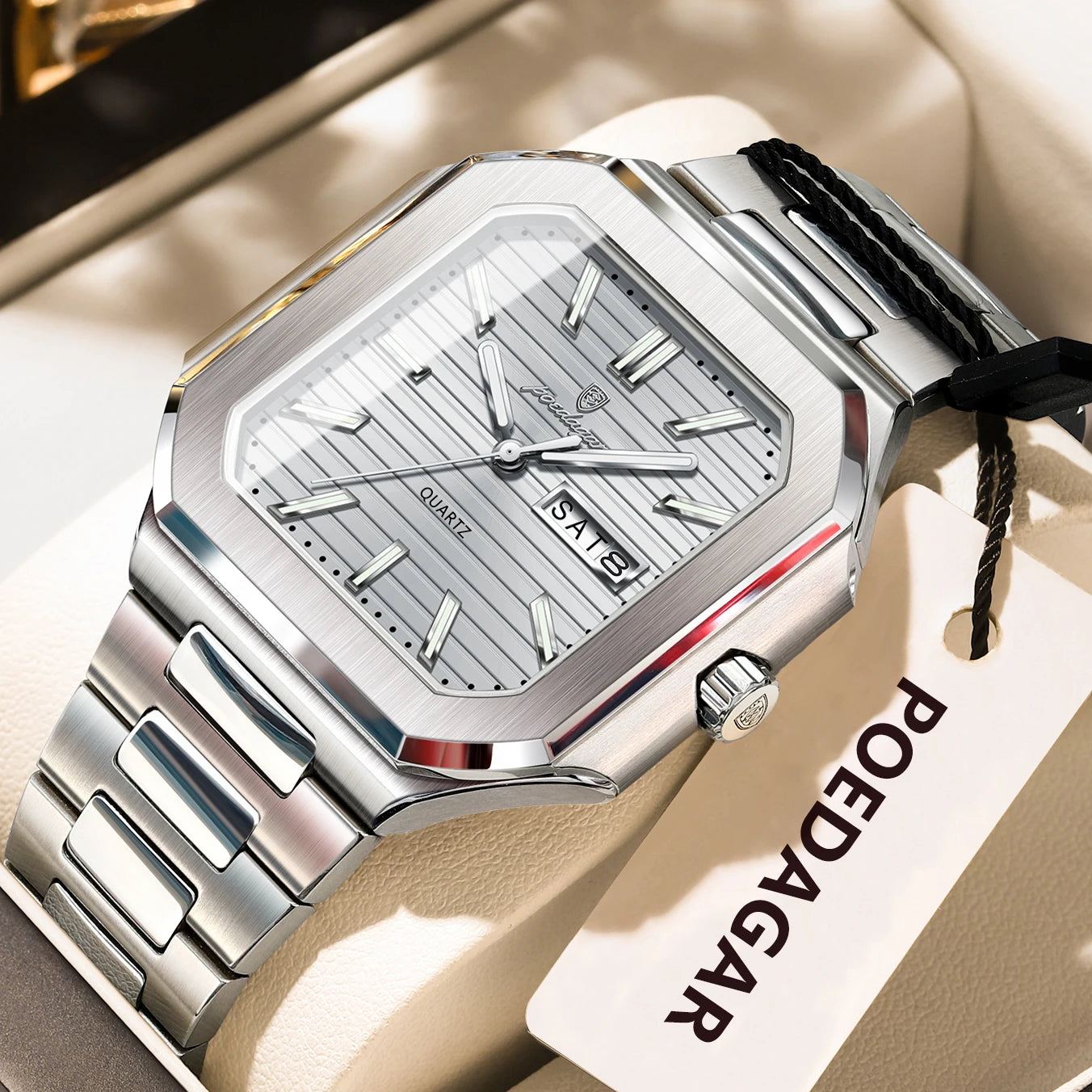 Square Stainless Steel Watch – Luminous Numberless Dial with Hidden Clasp
