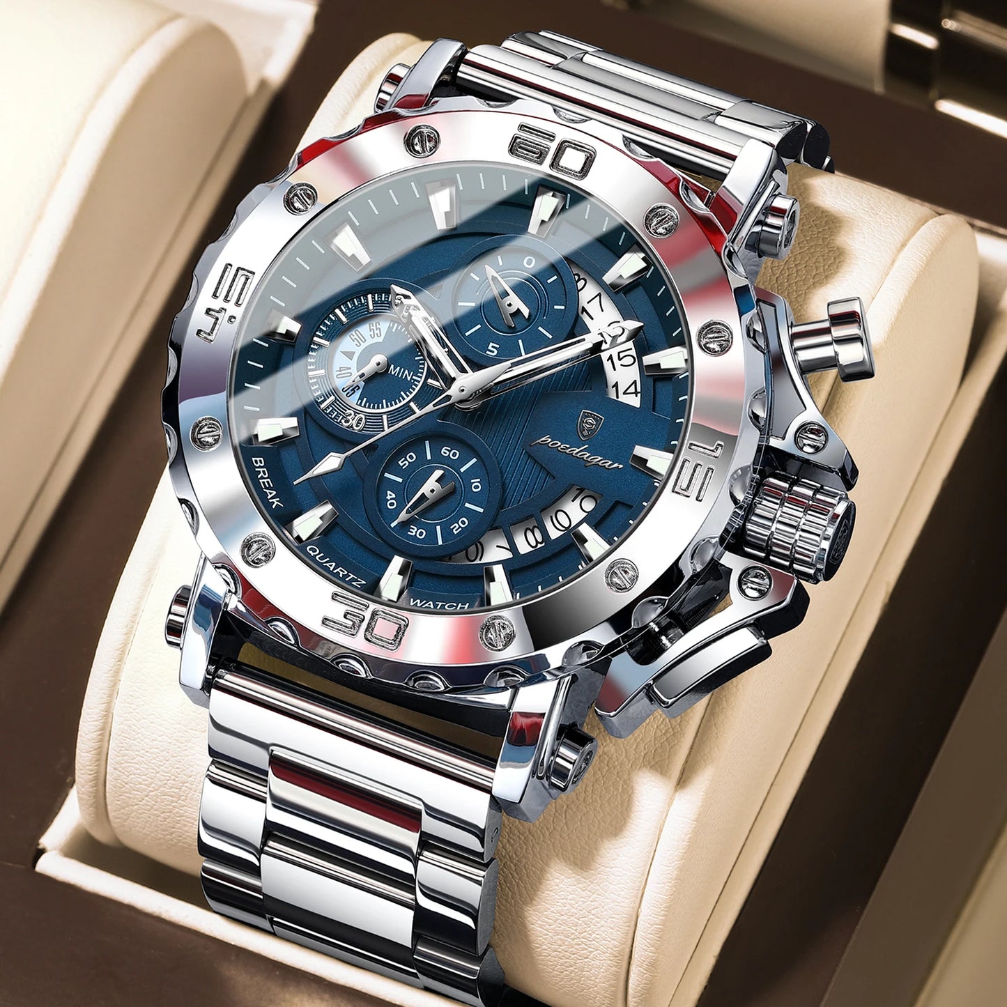 Large Chronograph Watch – Luminous Numberless Dial with Hidden Clasp
