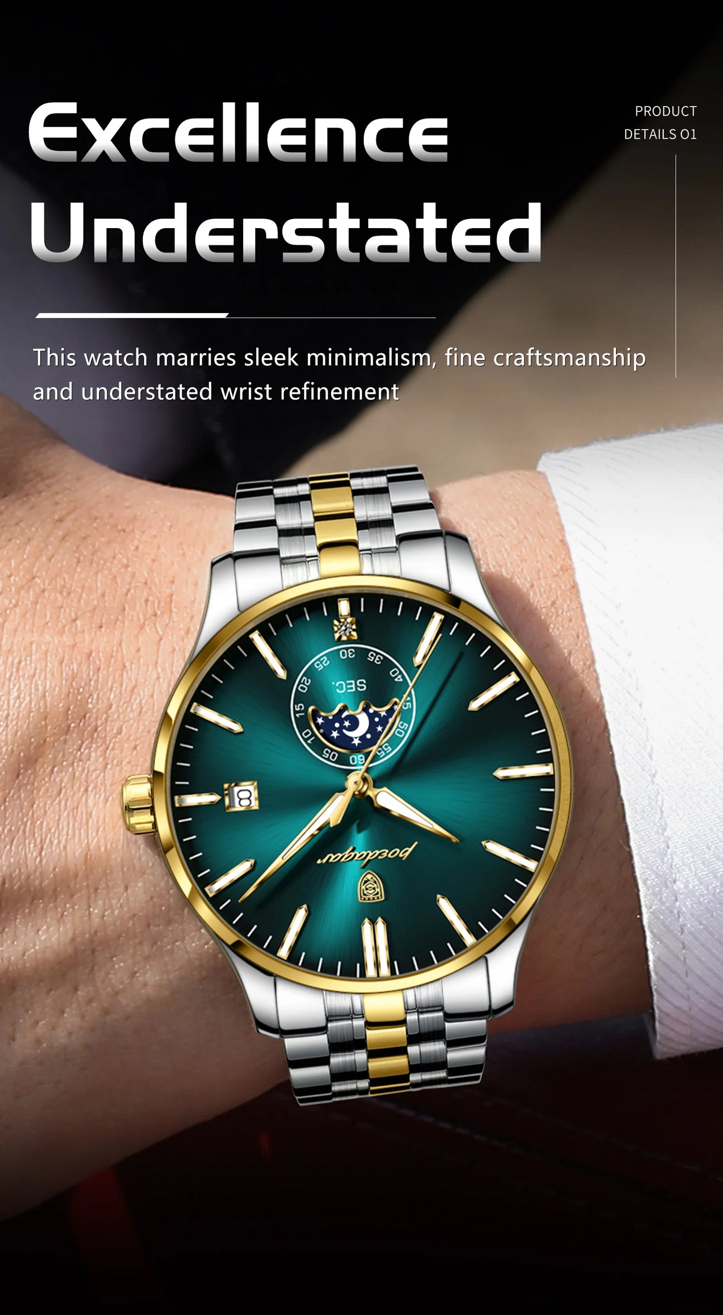 Round Business Chronograph – Slim Stainless Steel Watch with Luminous Hands & Date