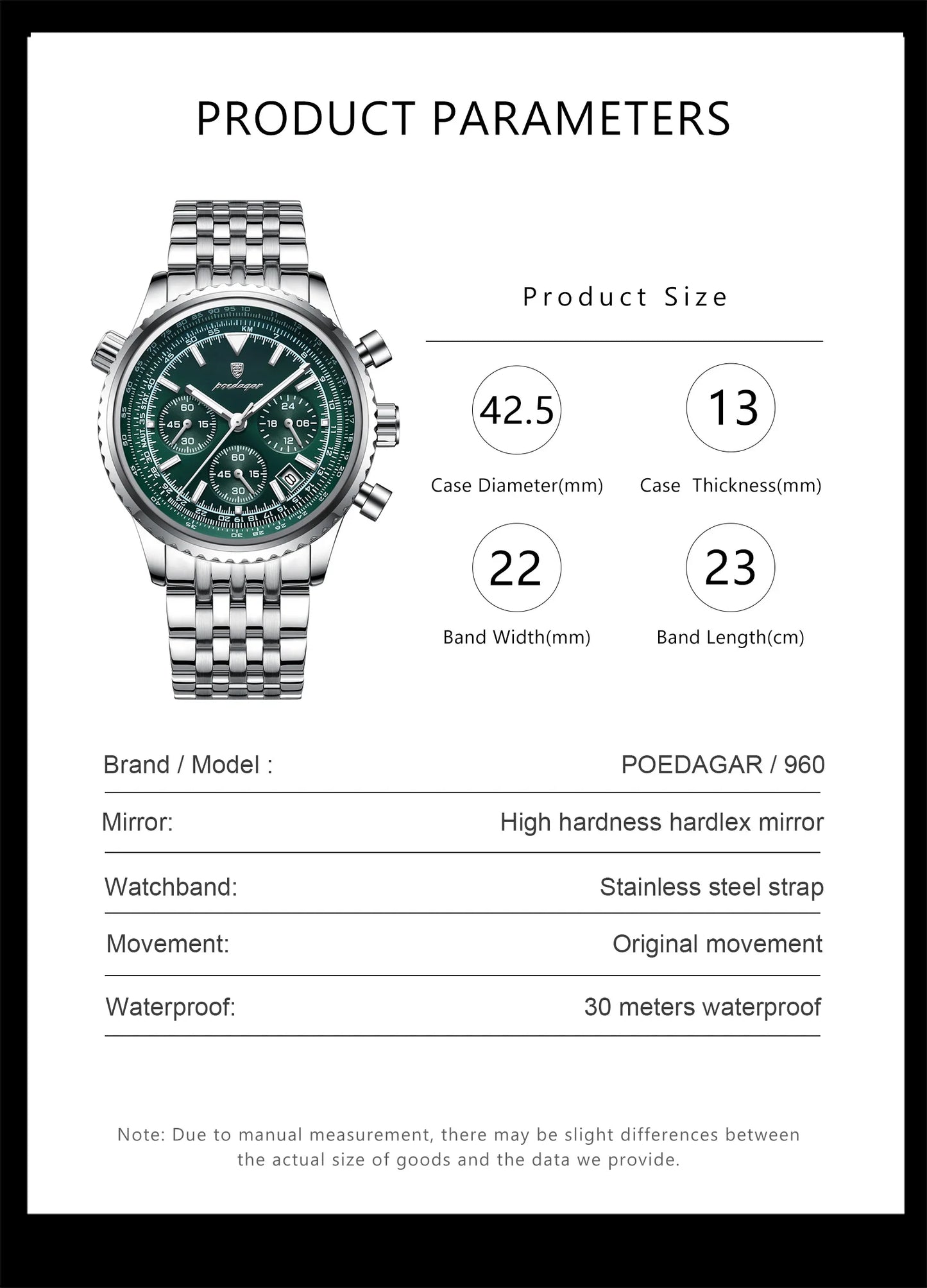 Chronograph Date Watch – Luminous Numberless Dial with Hidden Clasp Bracelet