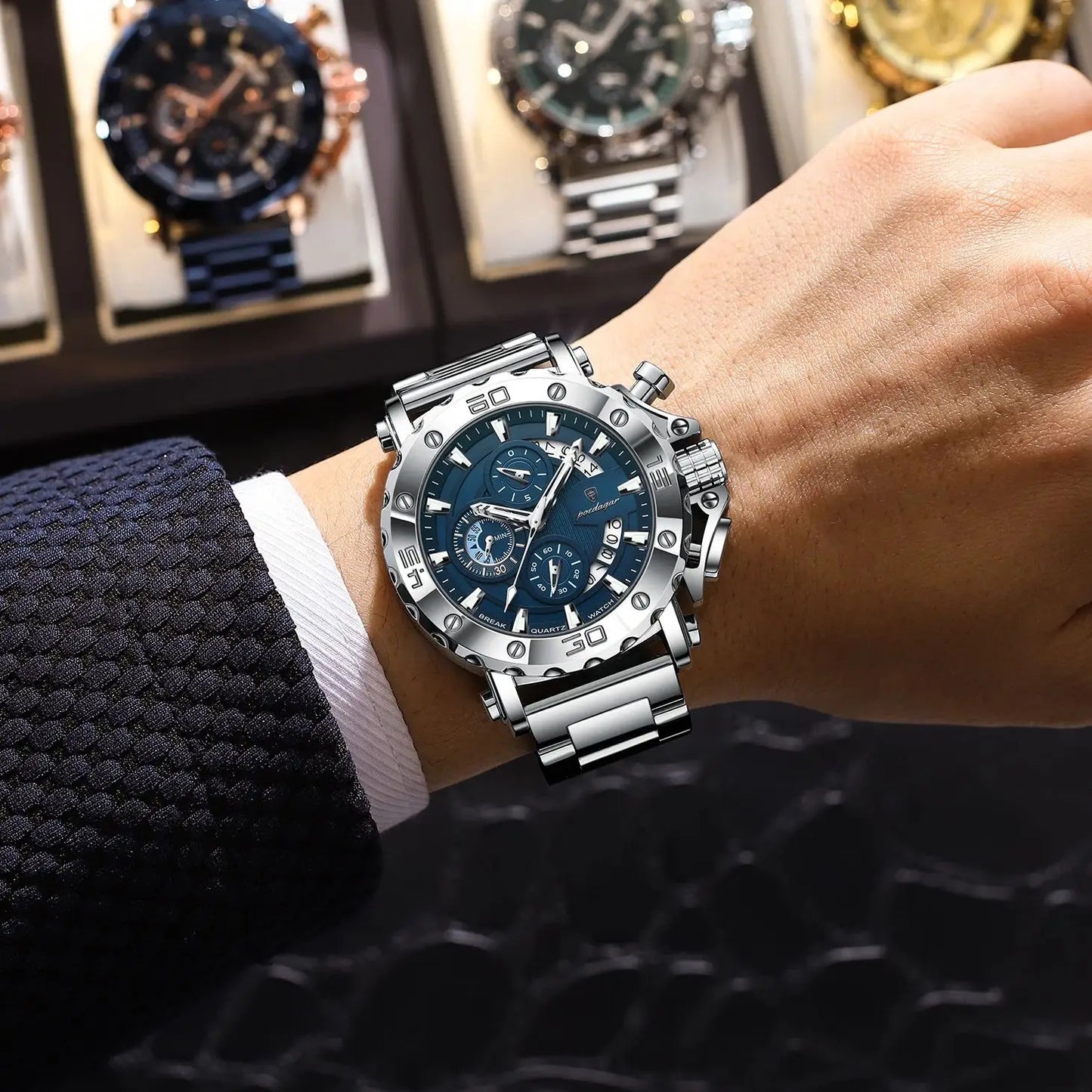 Large Chronograph Watch – Luminous Numberless Dial with Hidden Clasp