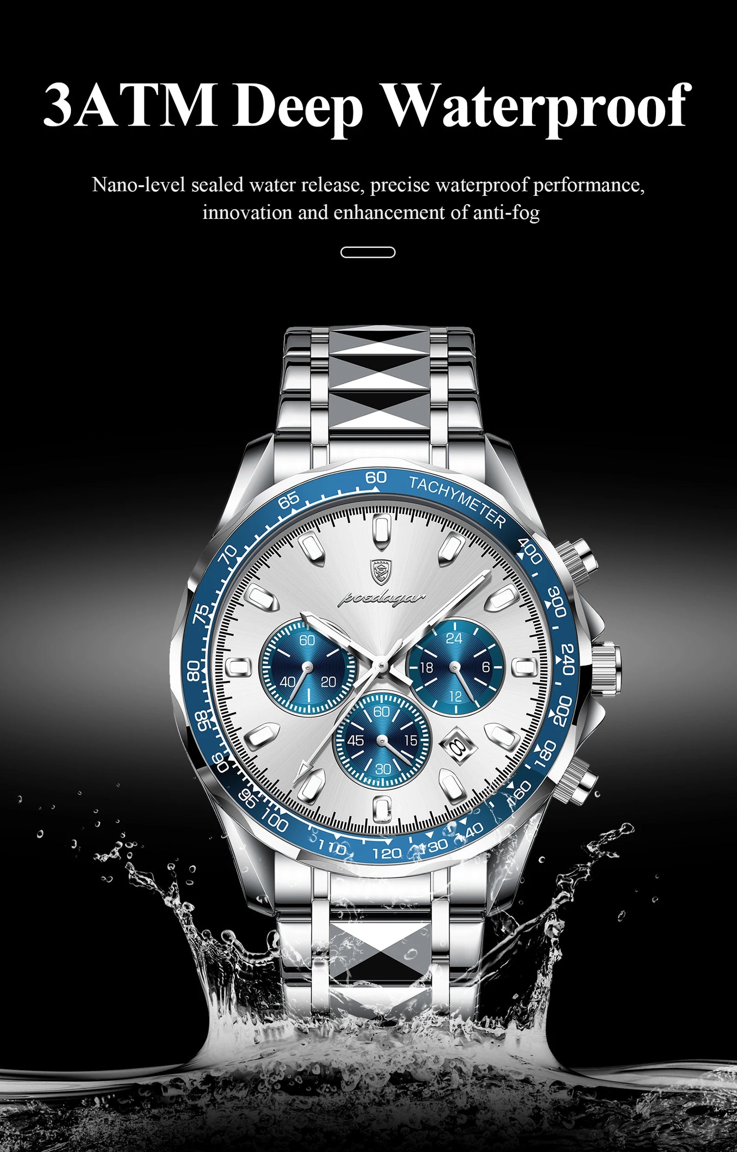 Chronograph Business Watch – Luminous Numberless Dial with Hidden Clasp Bracelet