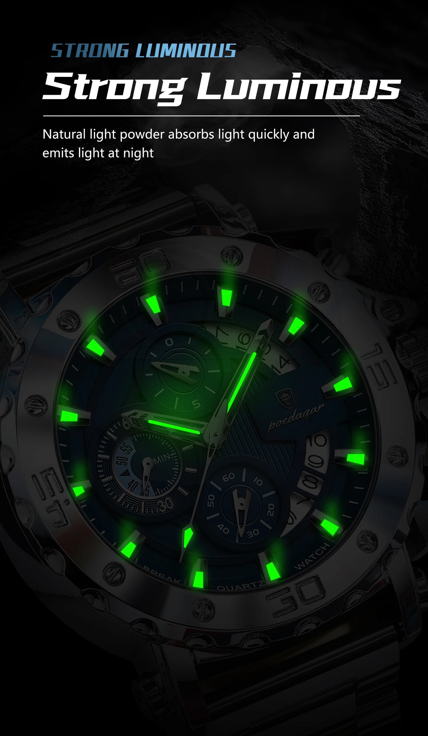 Large Chronograph Watch – Luminous Numberless Dial with Hidden Clasp