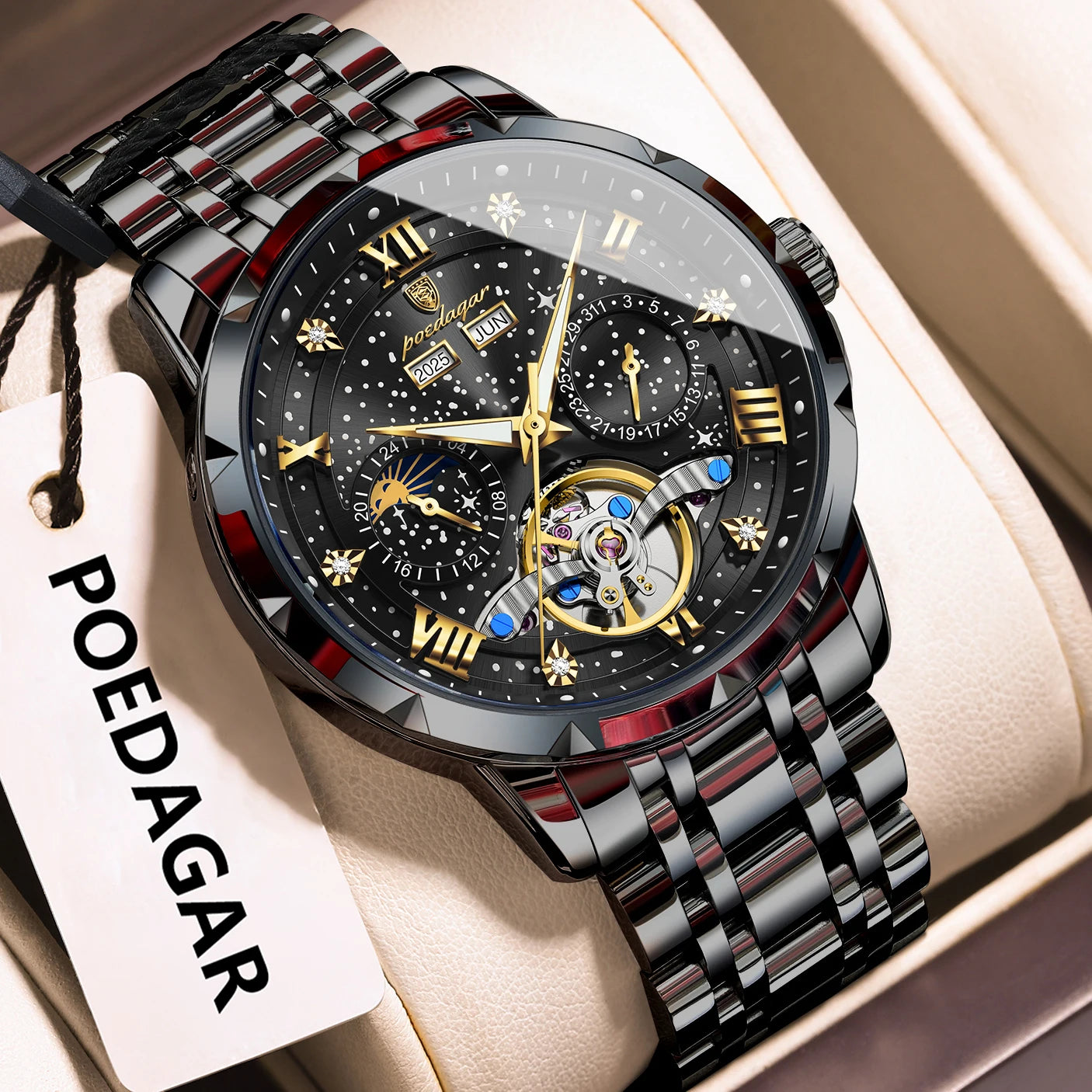 Automatic Skeleton Watch – Tourbillon Style with Roman Numeral Dial & Full Calendar