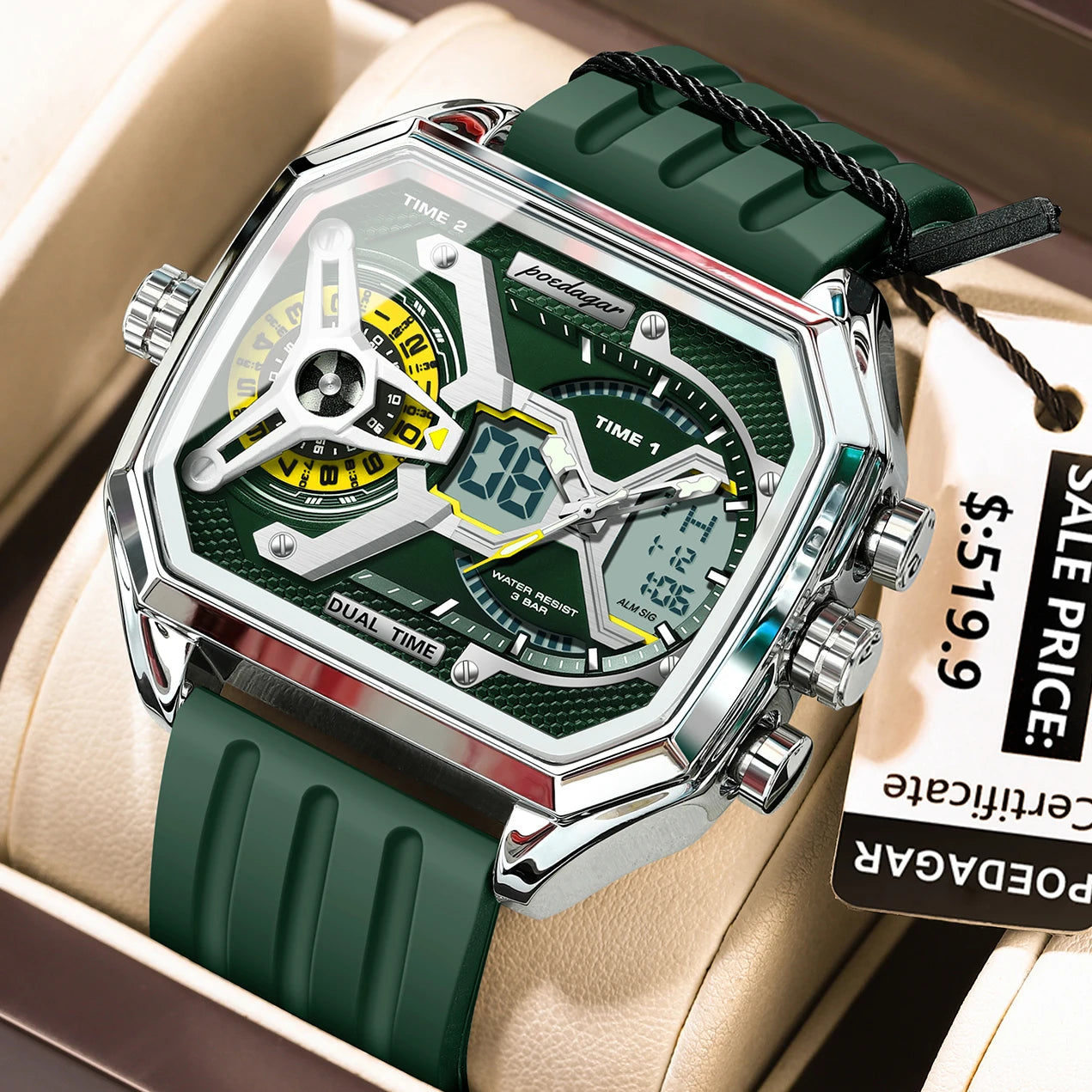 LED Analog-Digital Chronograph Watch – Dual Time & Alarm with Silicone Strap