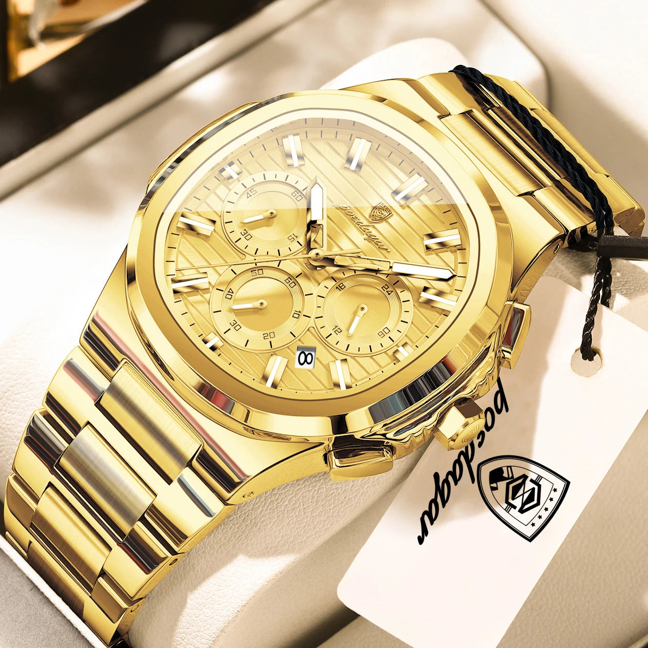 Square Chronograph Watch – Large Numberless Dial with Hidden Clasp Bracelet