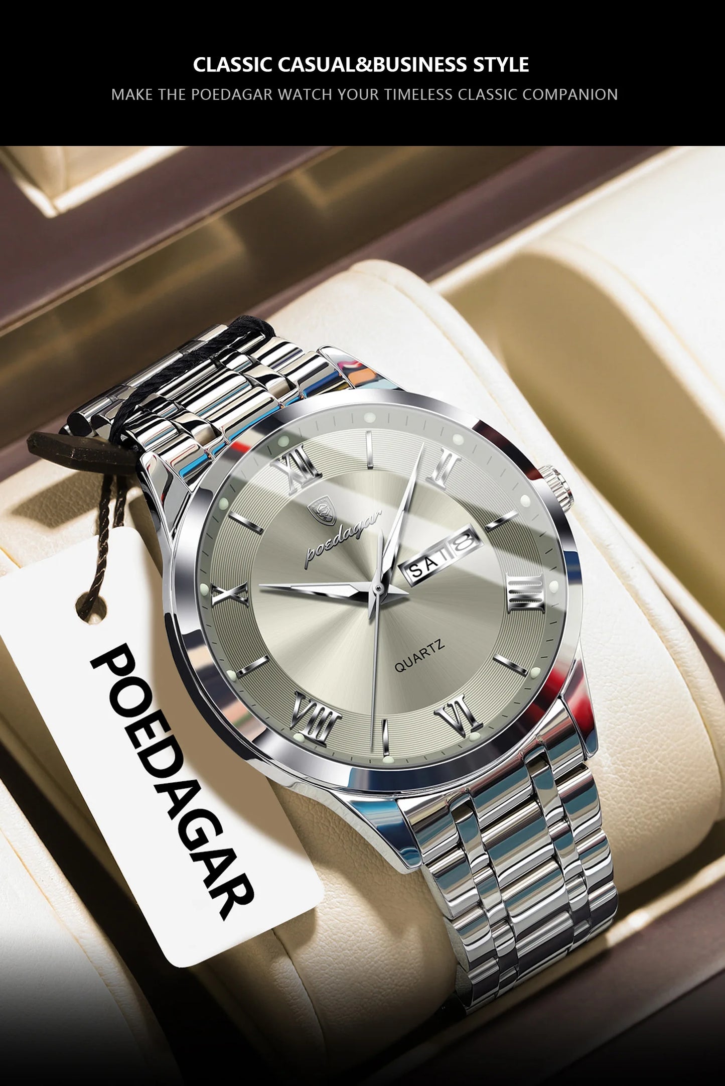 Roman Numeral Full Calendar Watch – Luminous Dial with Hidden Clasp Bracelet