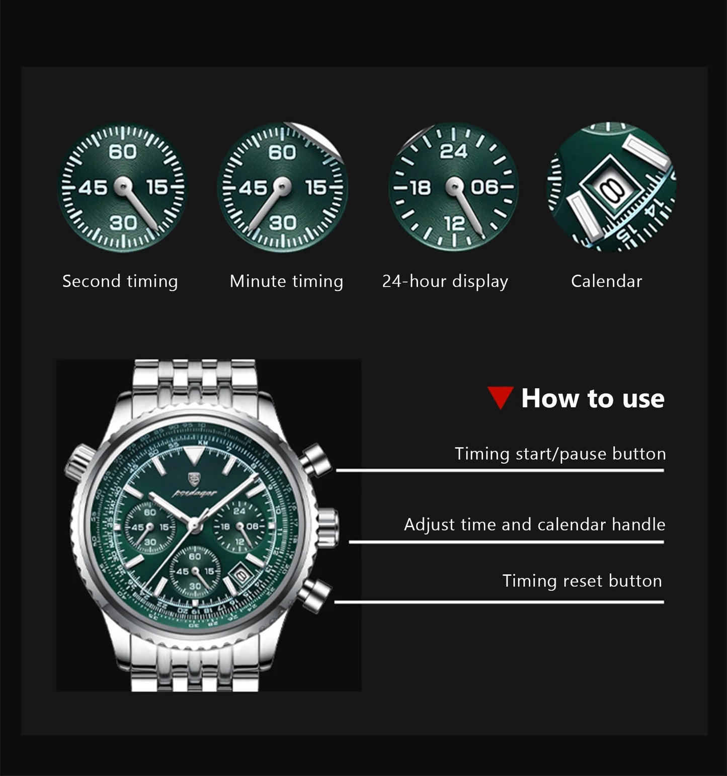 Chronograph Date Watch – Luminous Numberless Dial with Hidden Clasp Bracelet
