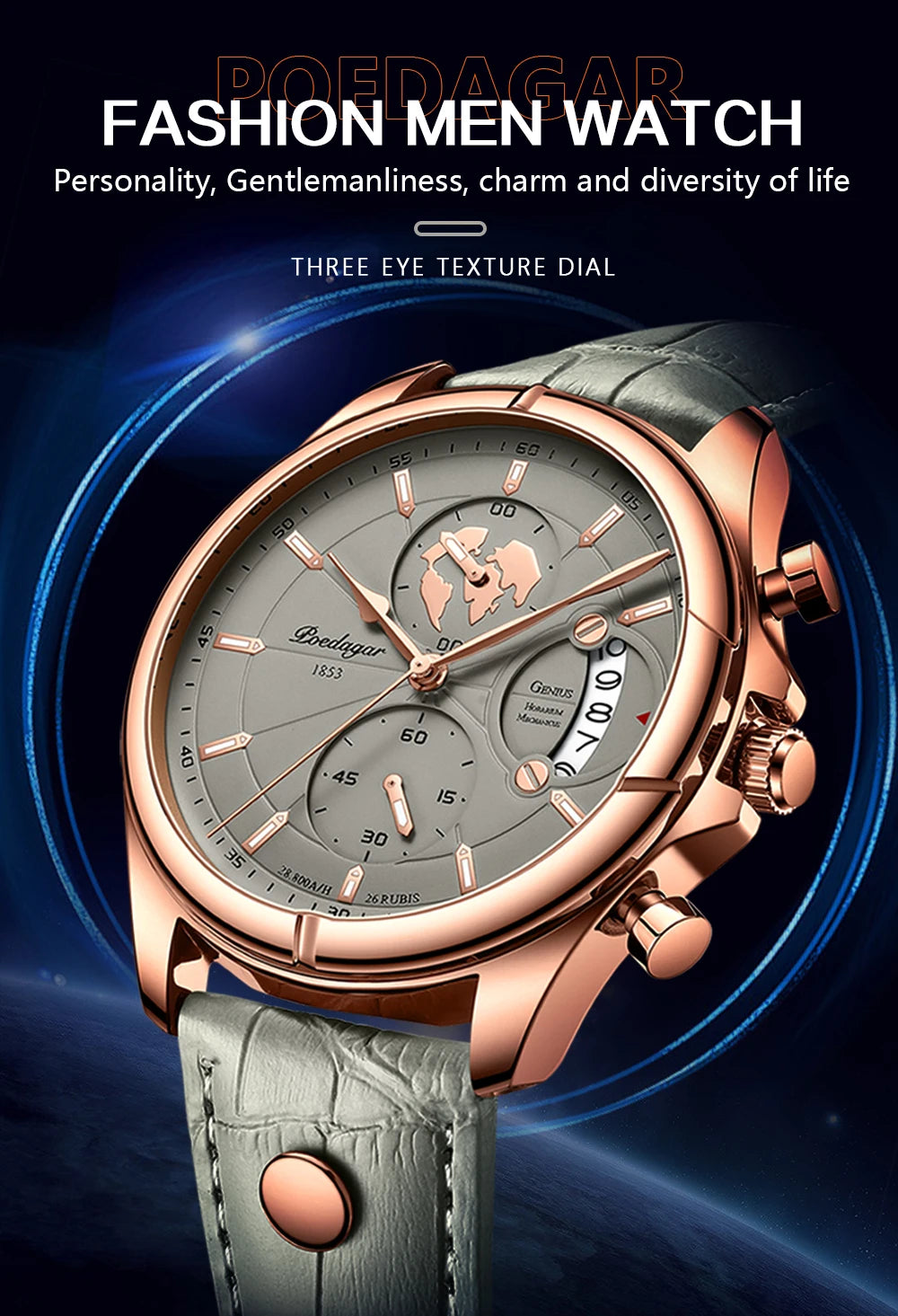 Chronograph Date Watch – Leather Strap with Numberless Dial