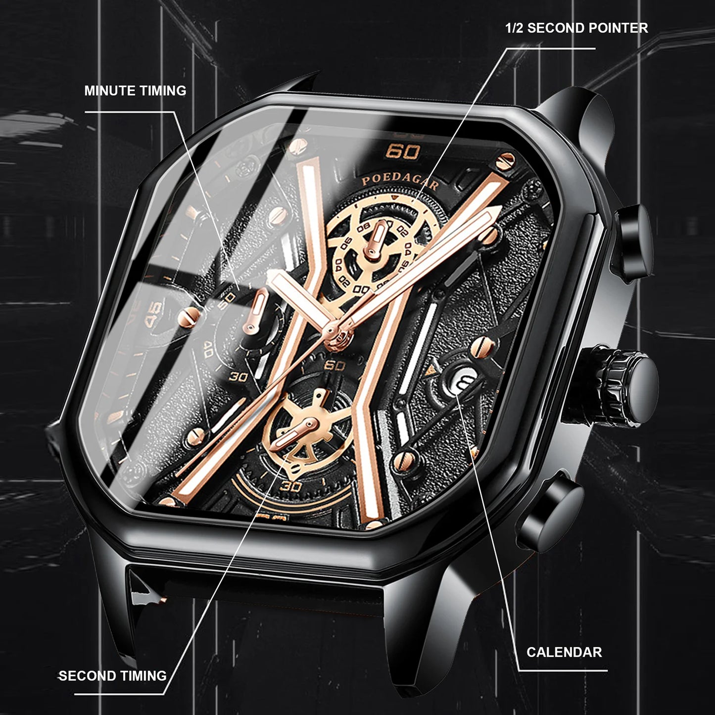 Square Chronograph Watch – Full Calendar with Leather Strap & Luminous Dial