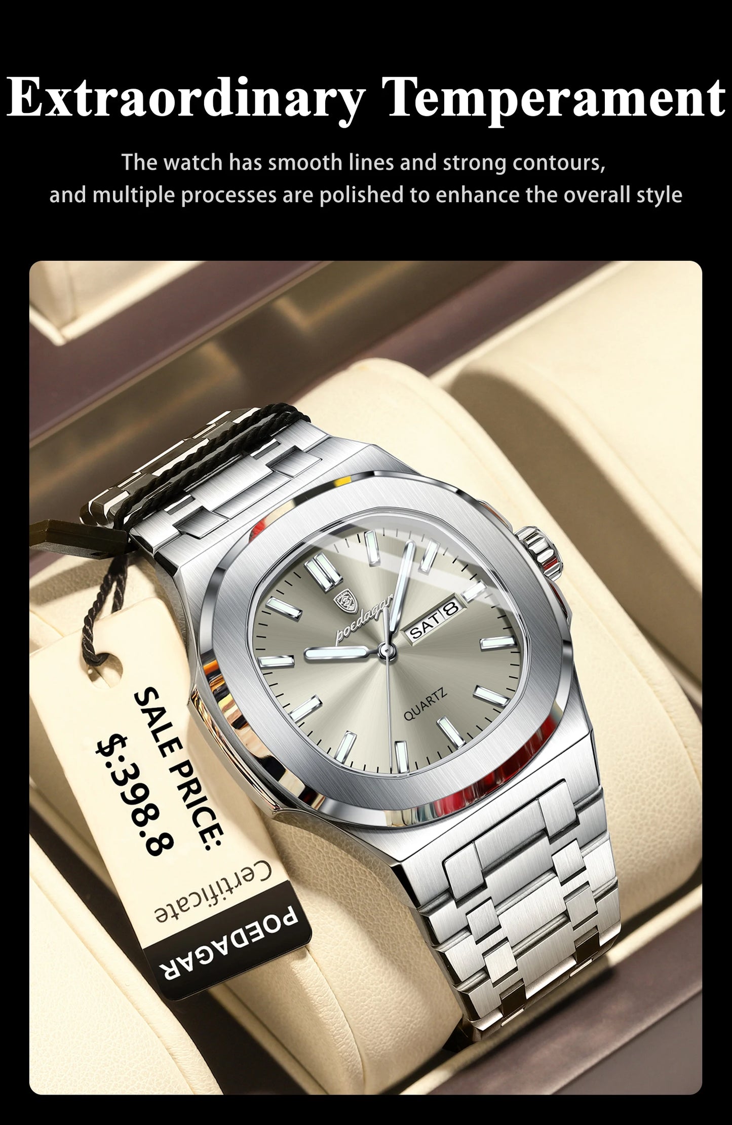 Square Full Calendar Watch – Date & Week Display with Hidden Clasp Bracelet
