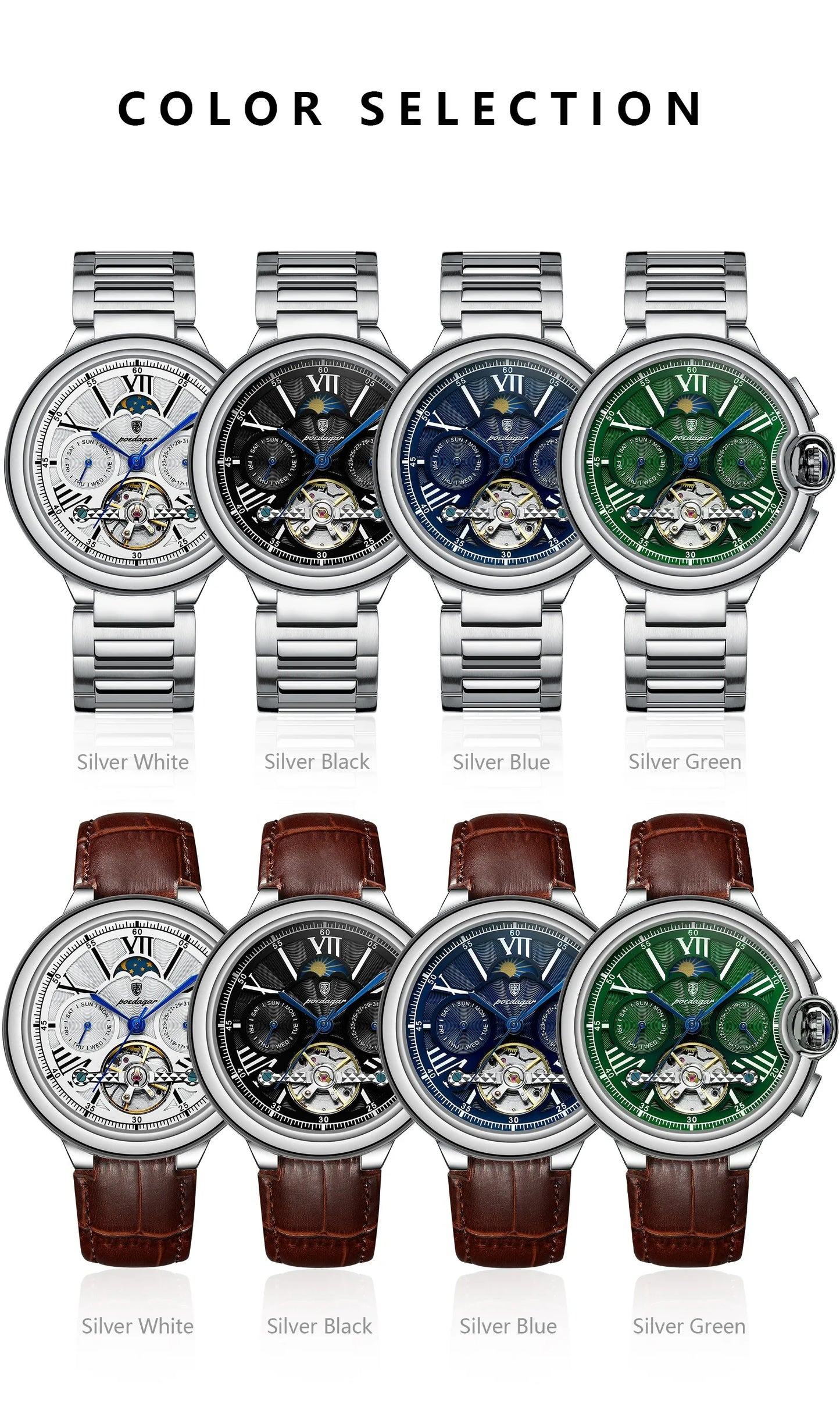 Automatic Skeleton Watch – Tourbillon Style with Moon Phase & Full Calendar