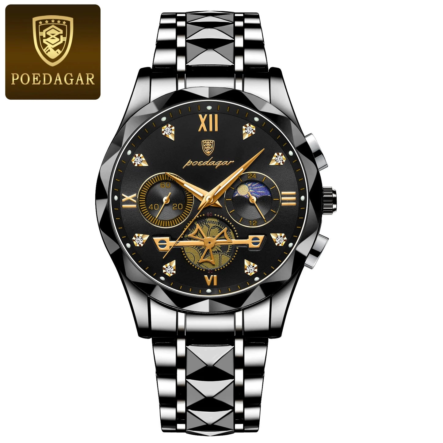 Round Chronograph Watch – Roman Numeral Dial with Hidden Clasp Bracelet