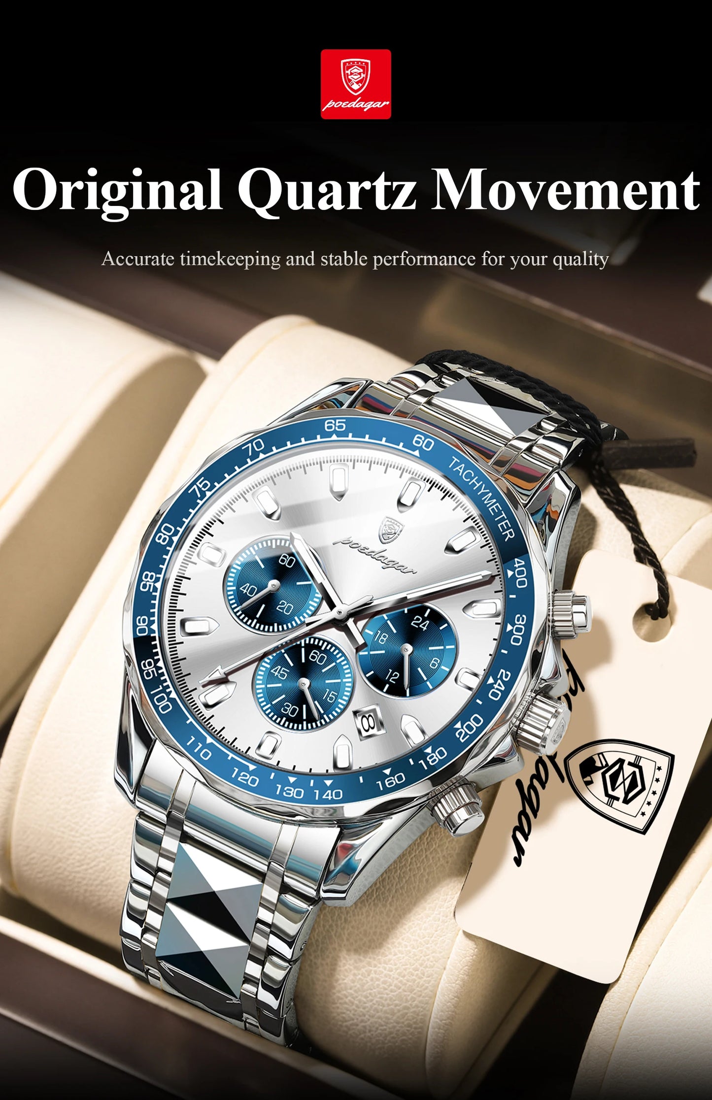 Chronograph Business Watch – Luminous Numberless Dial with Hidden Clasp Bracelet