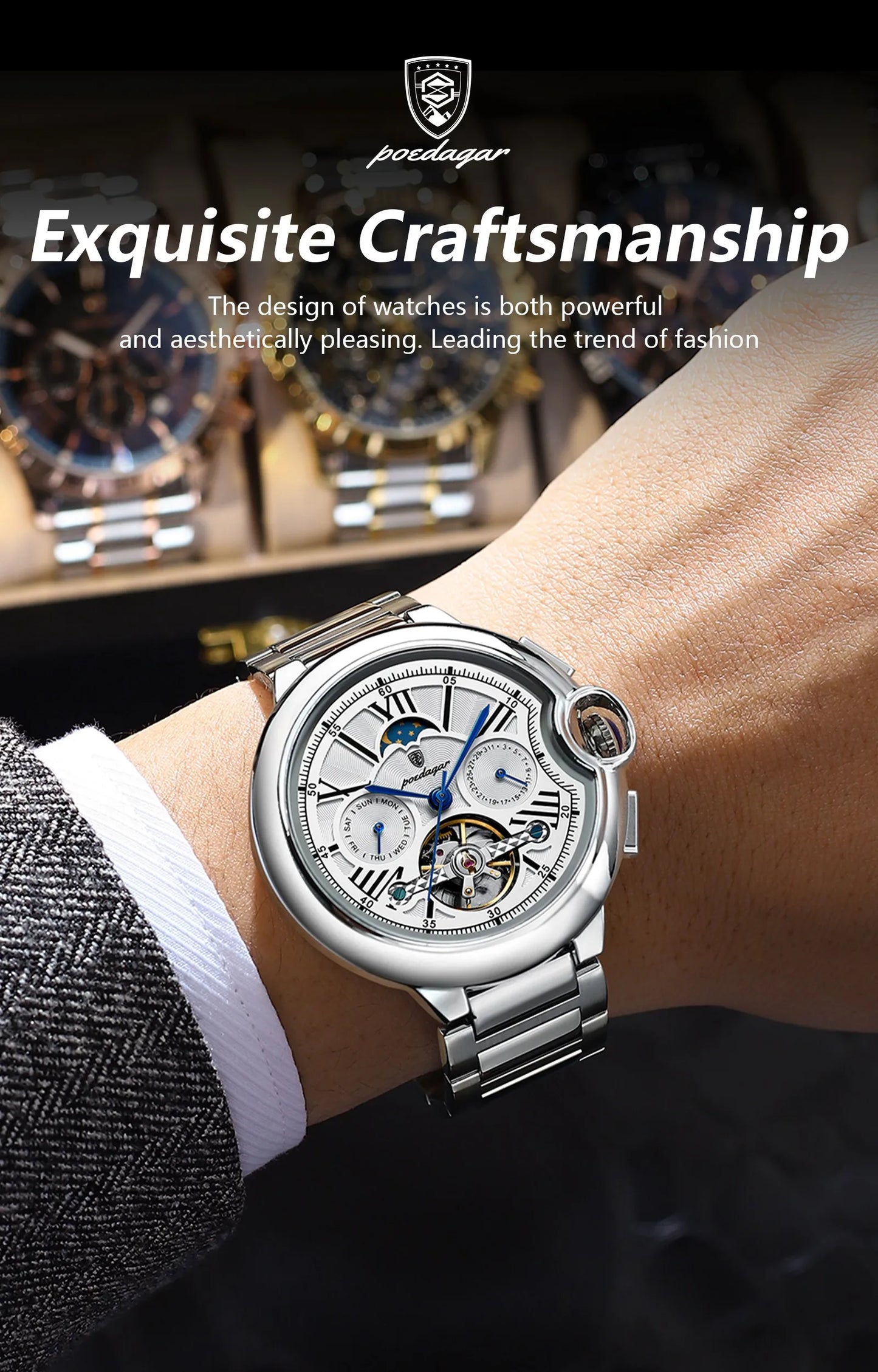 Automatic Skeleton Watch – Tourbillon Style with Moon Phase & Full Calendar