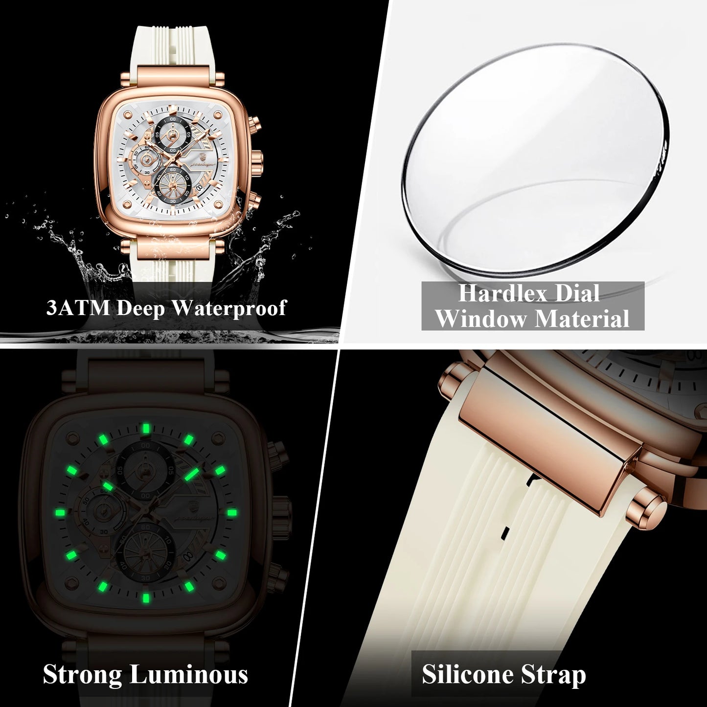 Square Chronograph Sport Watch – Luminous Dial with Silicone Strap & Date