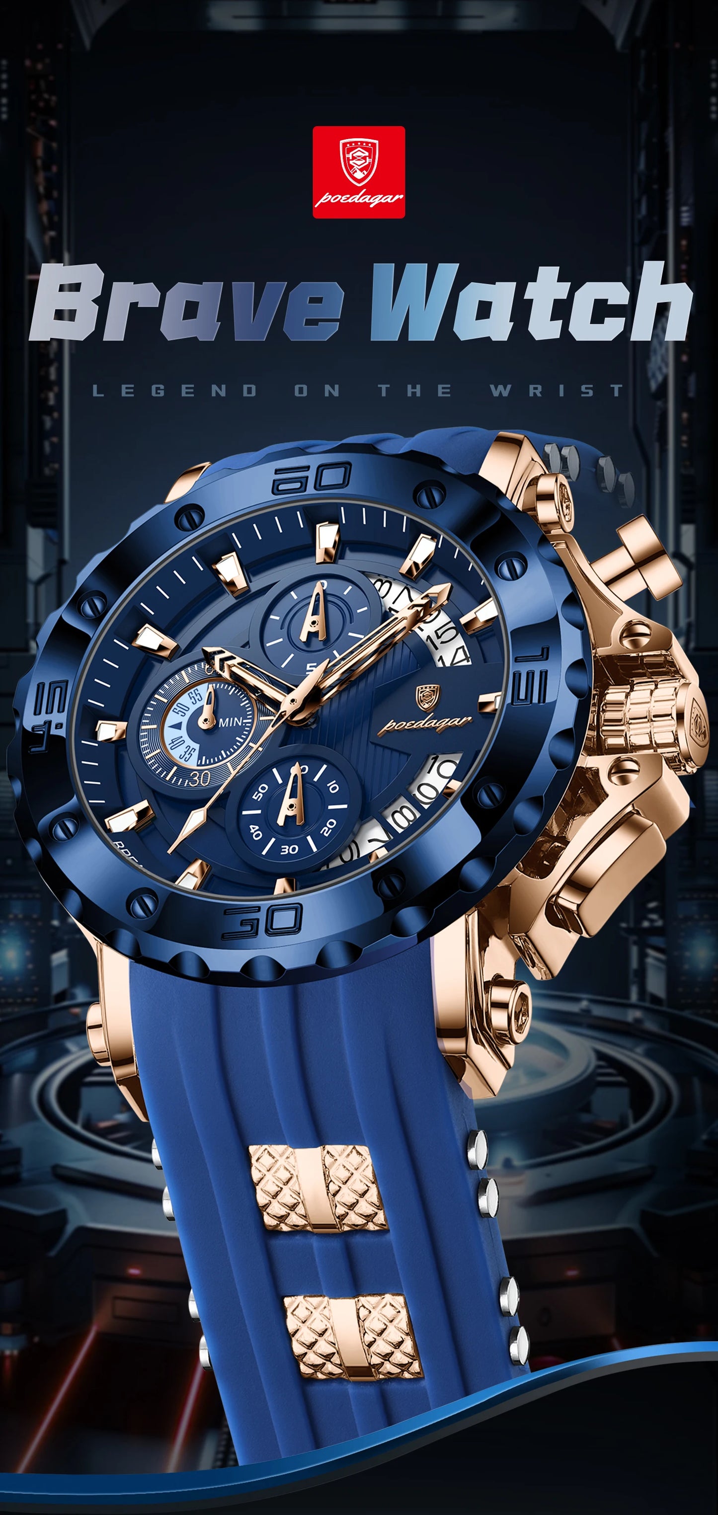 Large Chronograph Sport Watch – Full Calendar with Silicone Strap & Luminous Dial