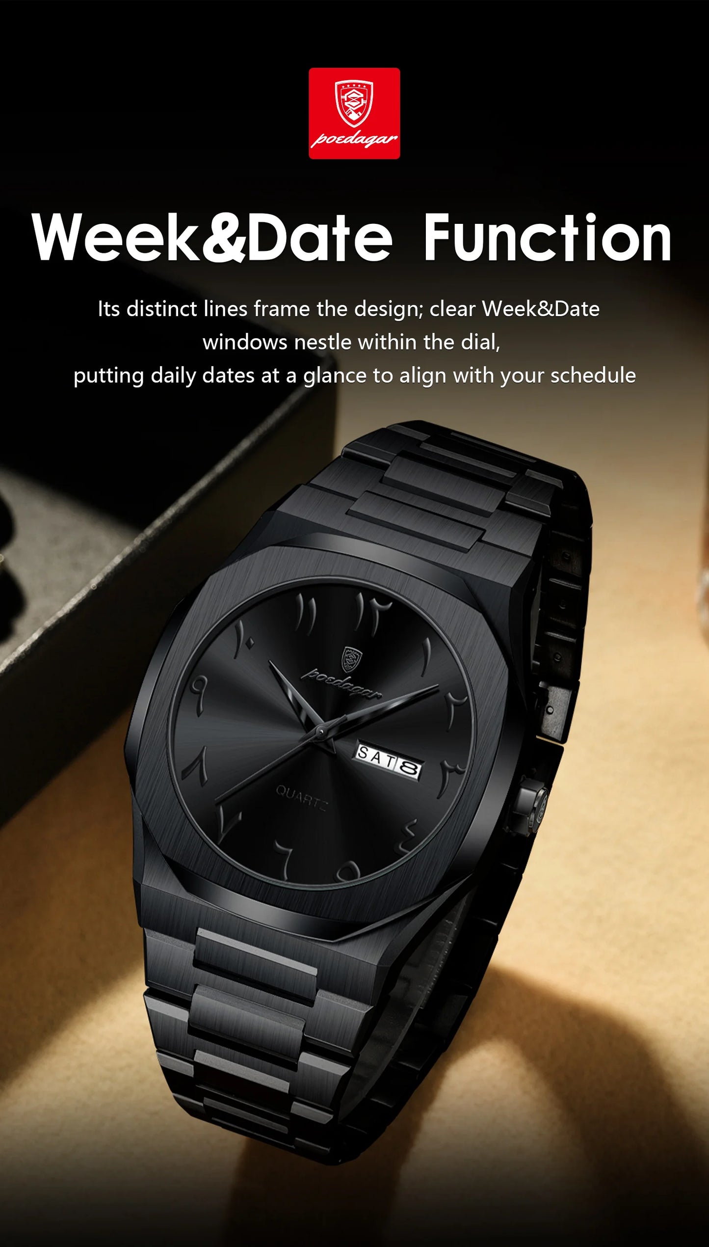 Irregular Shape Full Calendar Watch – Date & Week Display with Hidden Clasp