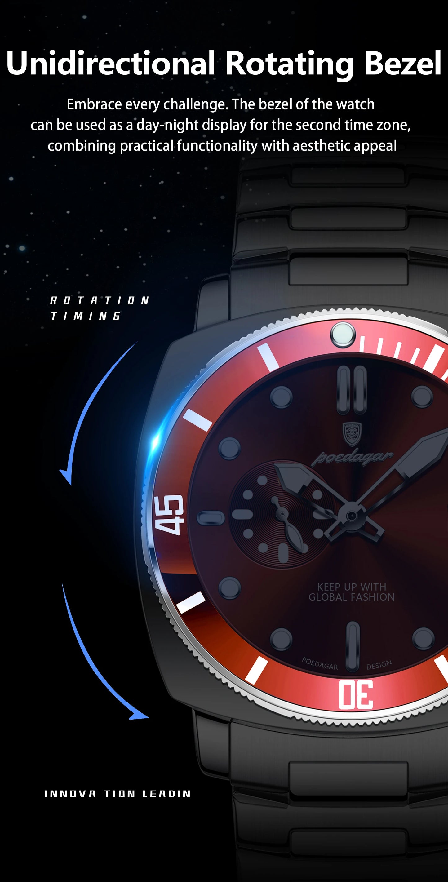 Business Date Watch – Luminous Numberless Dial with Hidden Clasp Bracelet