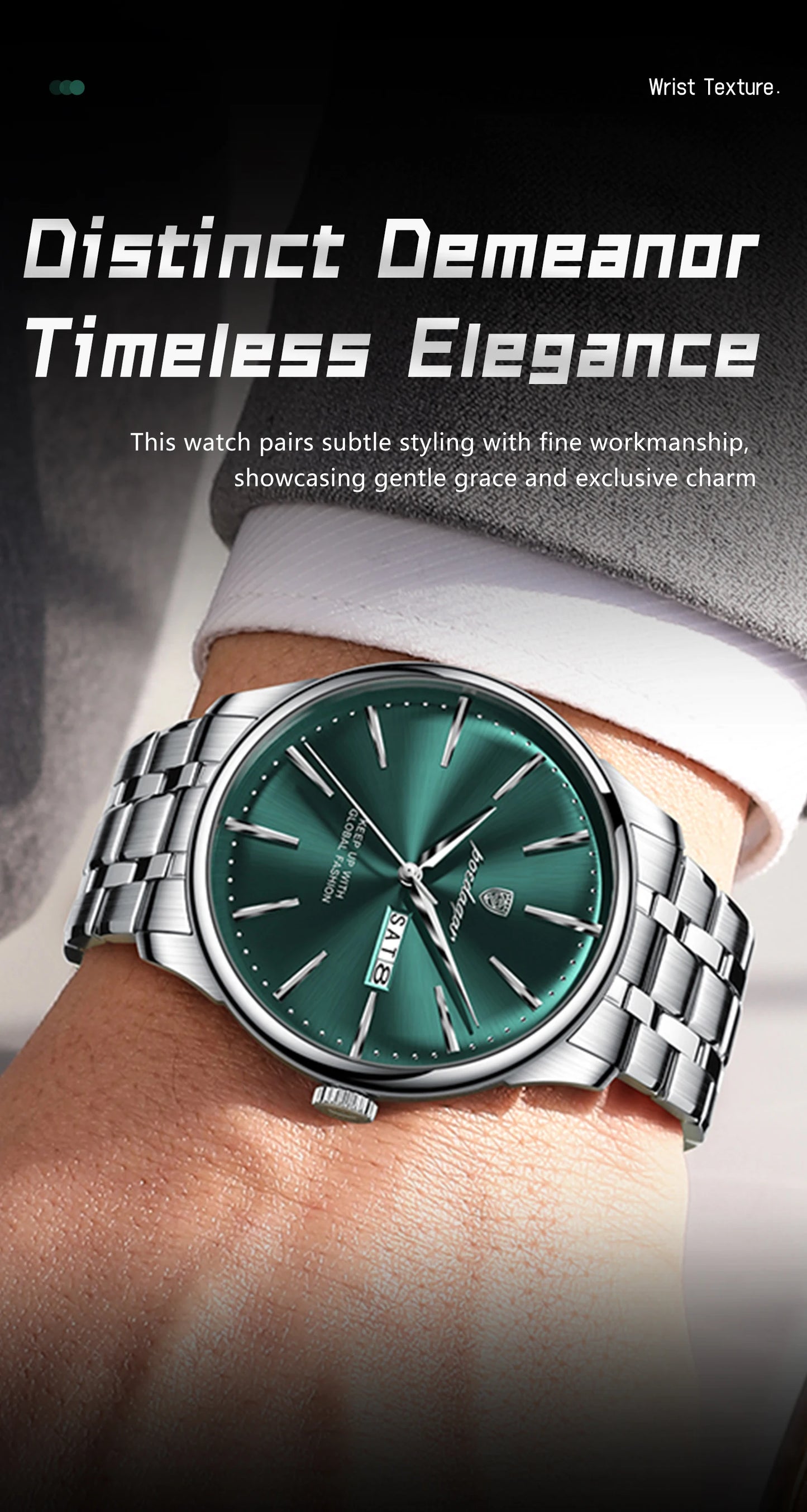 Full Calendar Stainless Steel Watch – Date & Week Display with Hidden Clasp