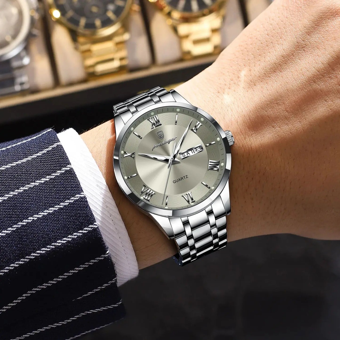Roman Numeral Full Calendar Watch – Luminous Dial with Hidden Clasp Bracelet