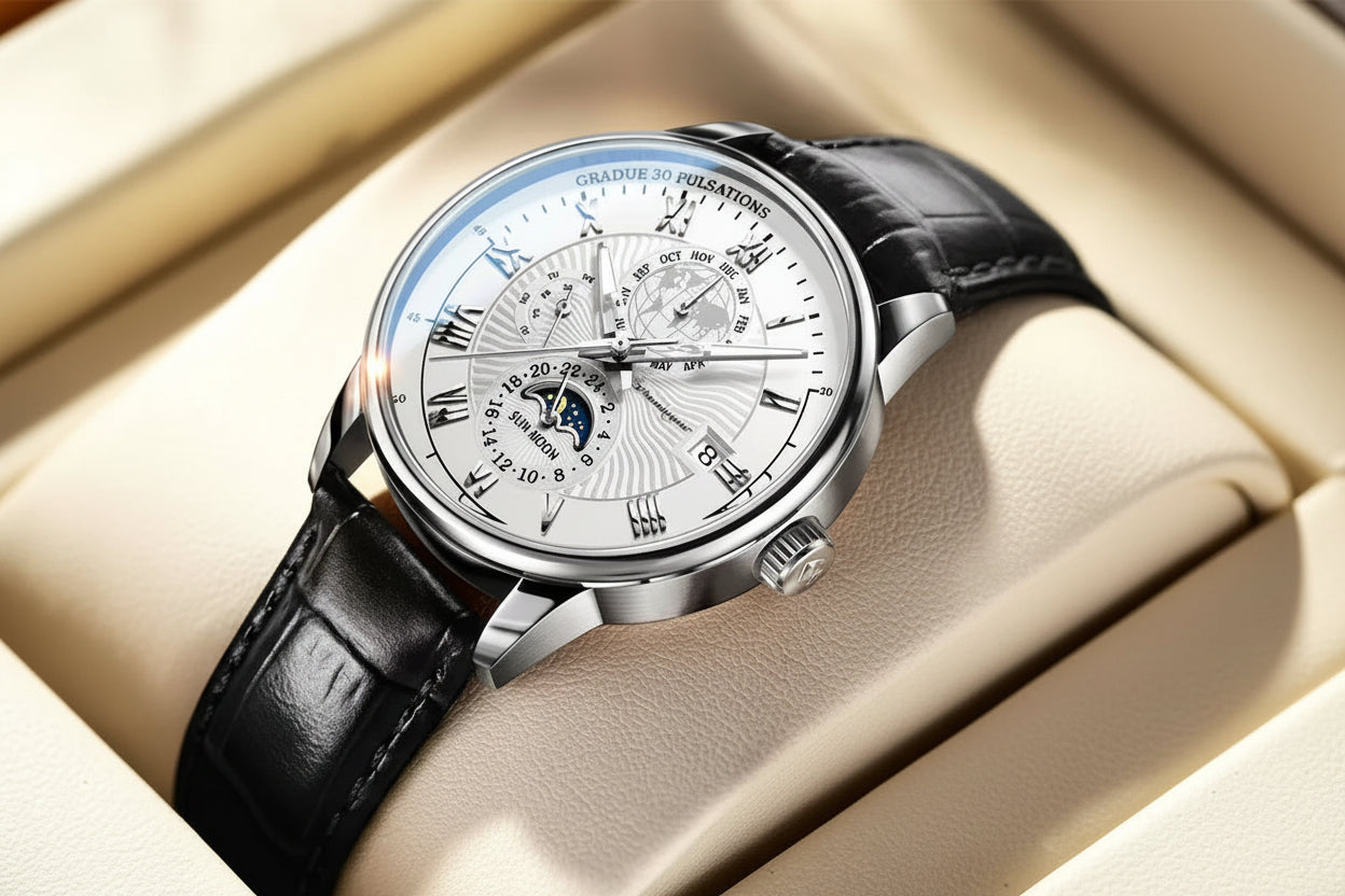 Roman Numeral Full Calendar Watch – Stainless Steel Bracelet with Stopwatch