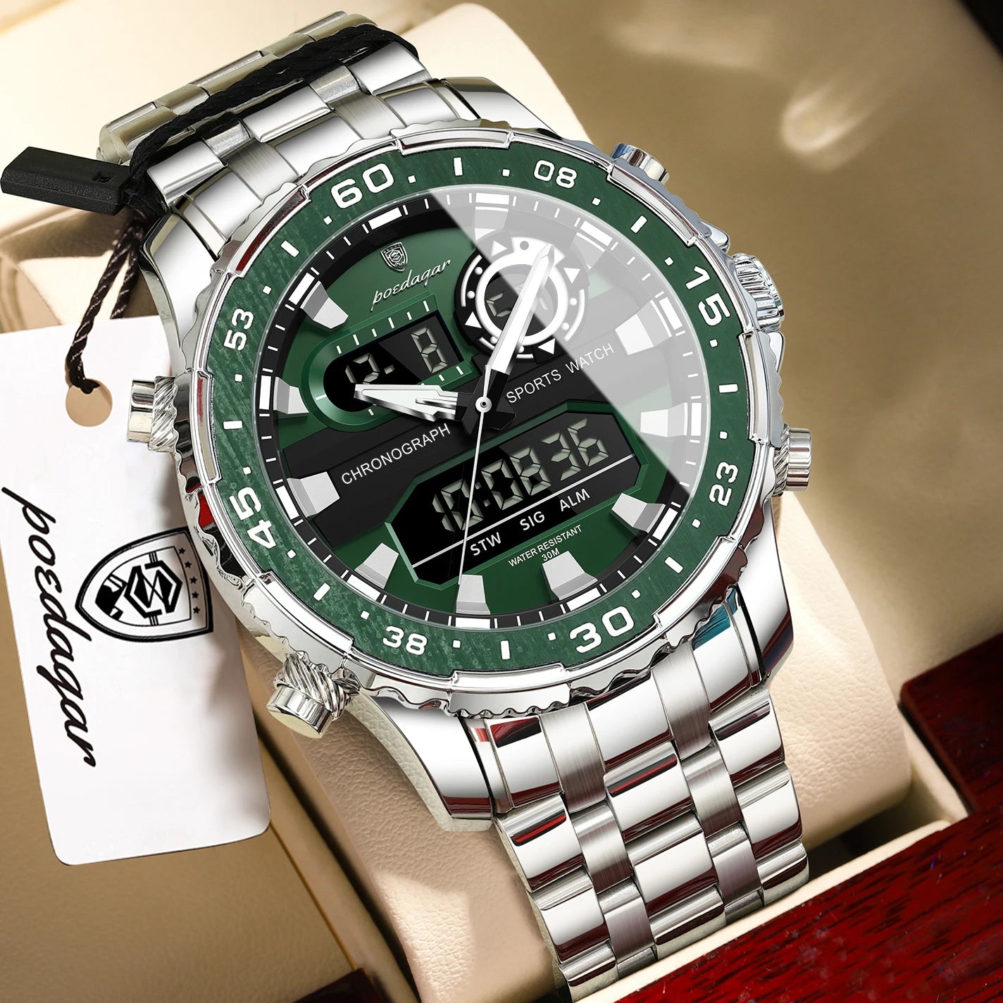 Square Chronograph Watch – Large Numberless Dial with Hidden Clasp Bracelet