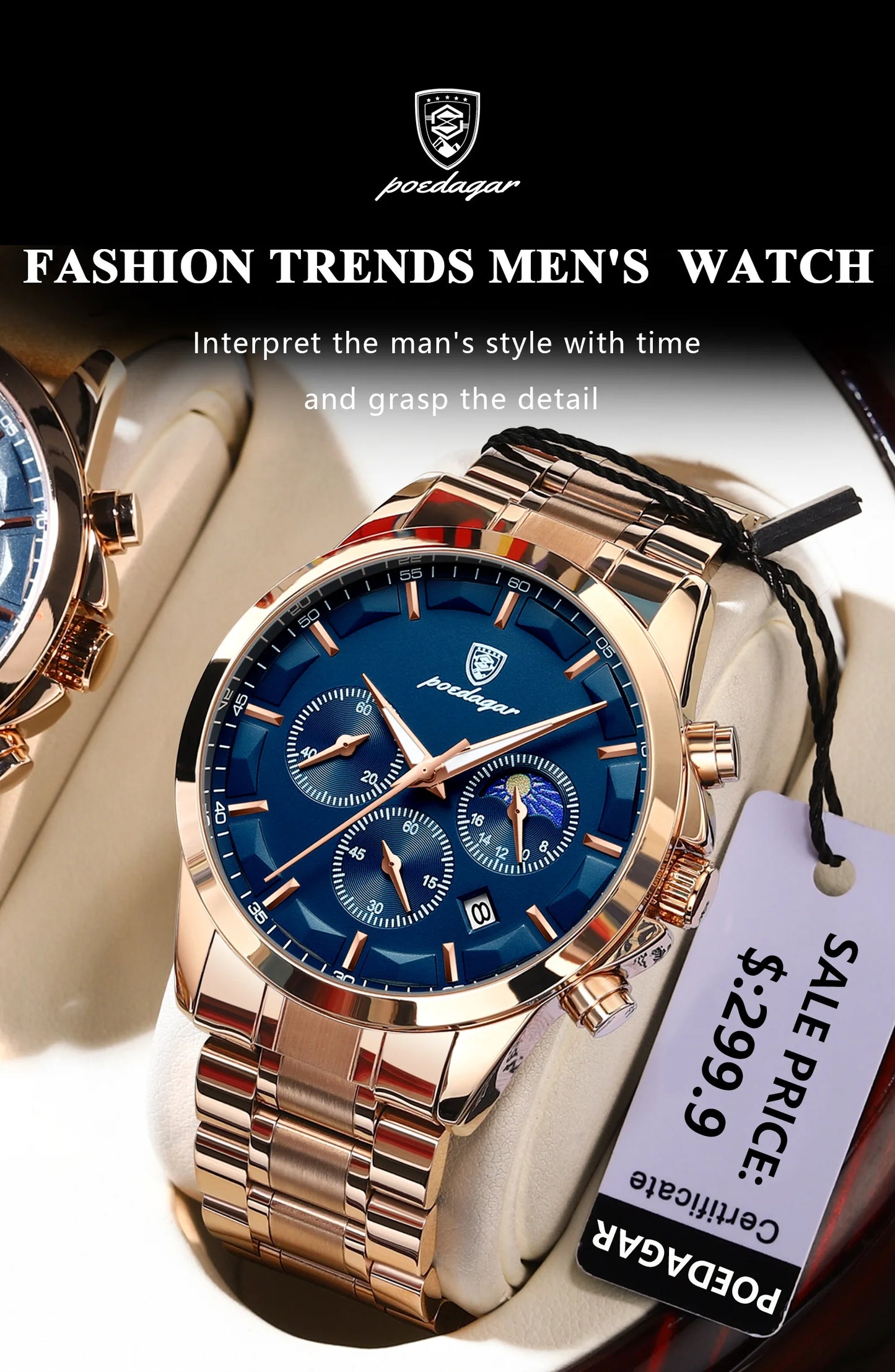 Moon Phase Full Calendar Watch – Luminous Dial with Stainless Steel Bracelet