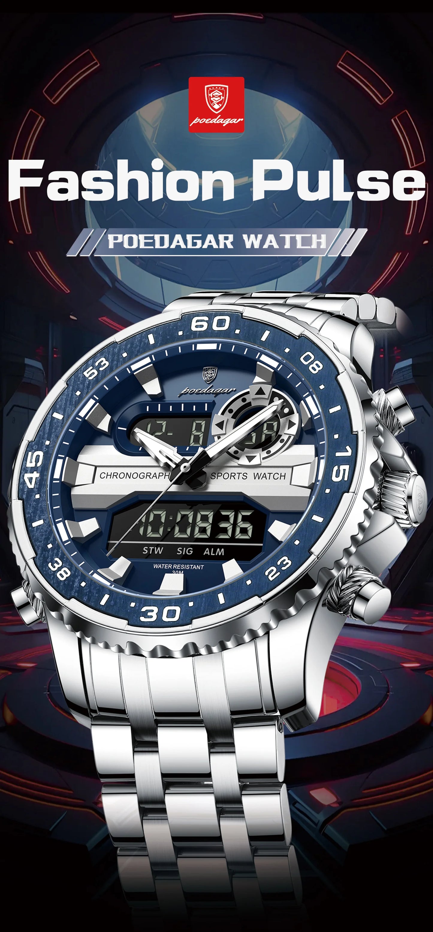 Square Chronograph Watch – Large Numberless Dial with Hidden Clasp Bracelet