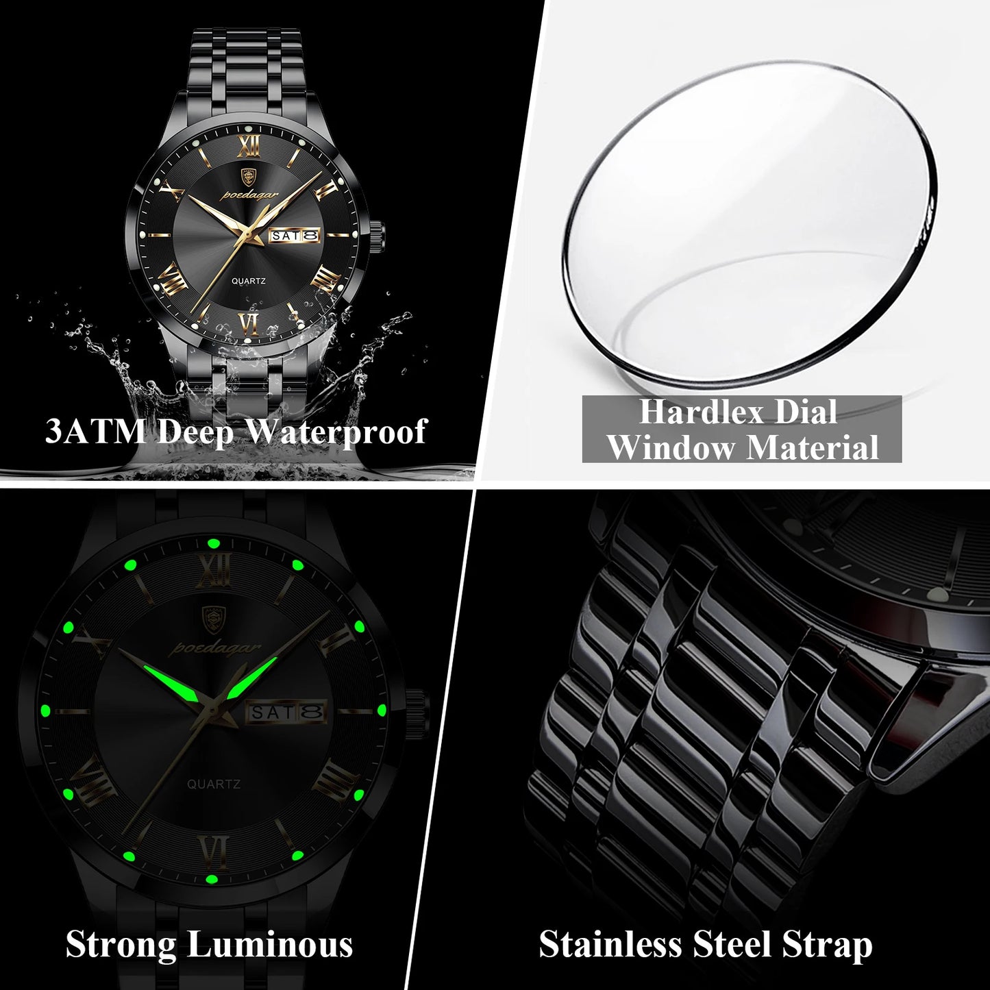 Full Calendar Stainless Steel Watch – Luminous Dial with Date, Week & Hidden Clasp