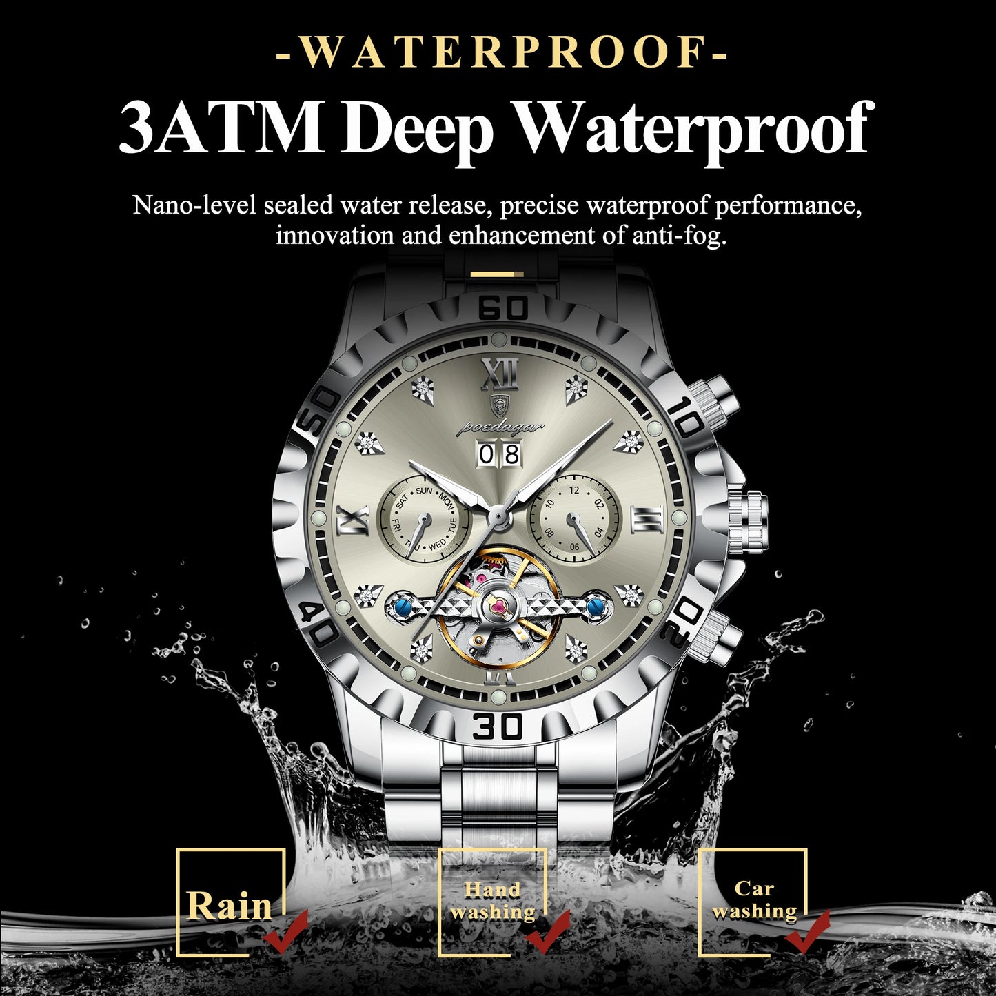 Automatic Tourbillon Style Watch – Sapphire Crystal with Week Display & Hidden Clasp