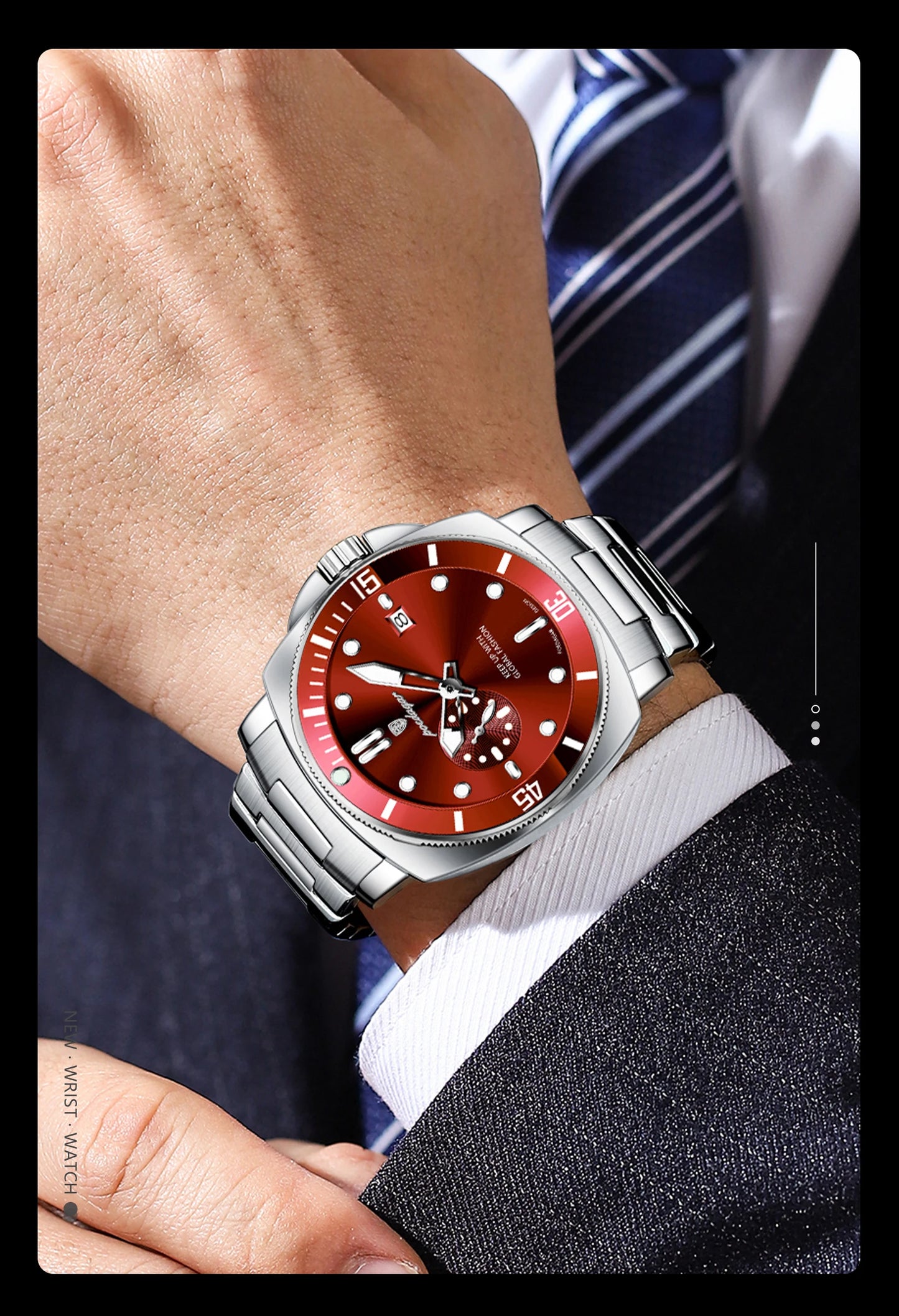 Business Date Watch – Luminous Numberless Dial with Hidden Clasp Bracelet
