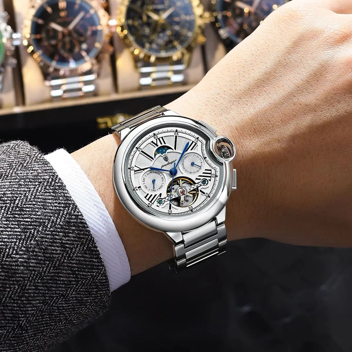 Automatic Skeleton Watch – Tourbillon Style with Moon Phase & Full Calendar