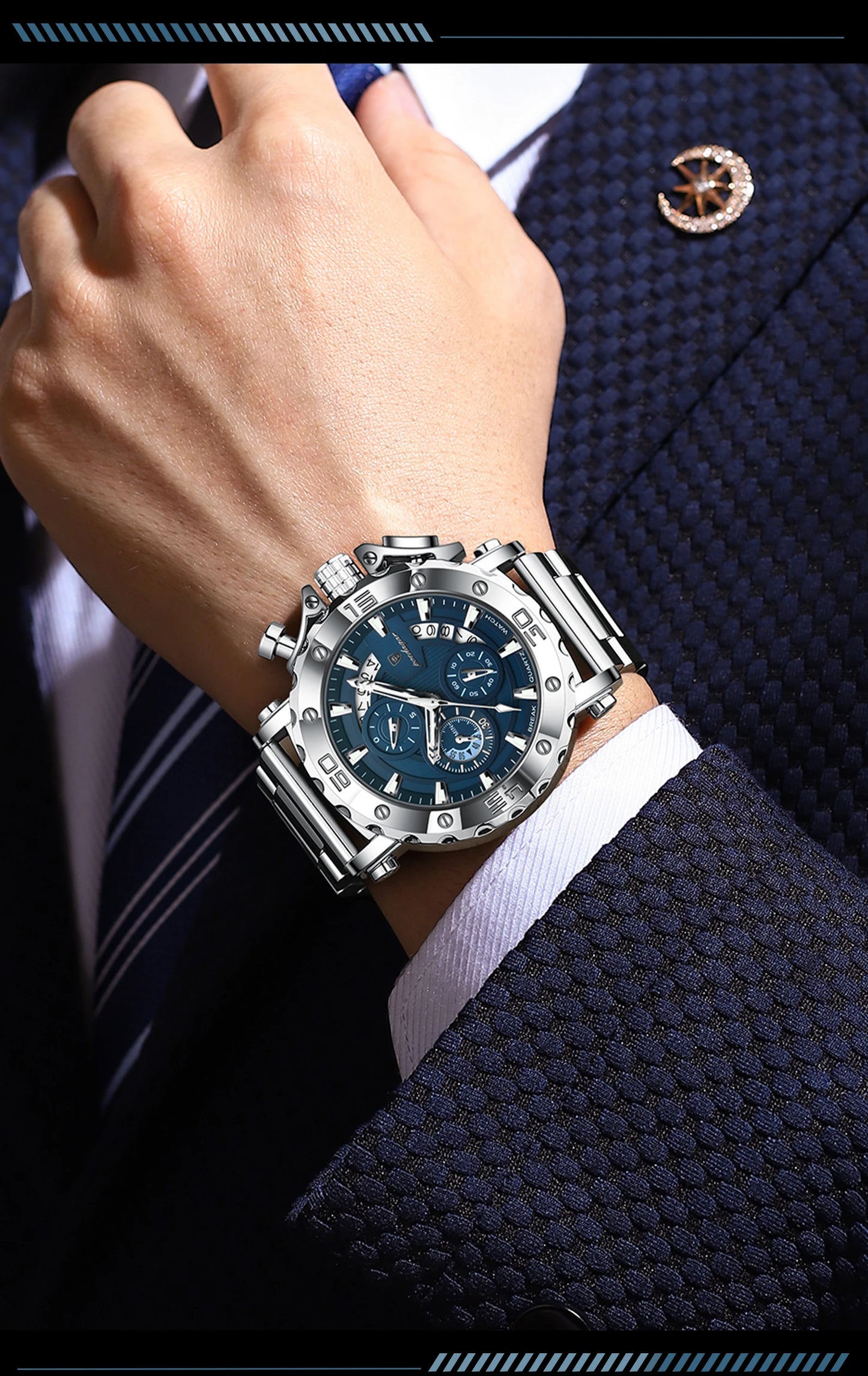 Large Chronograph Watch – Luminous Numberless Dial with Hidden Clasp
