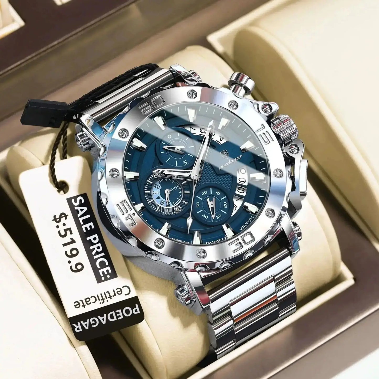 Large Chronograph Watch – Luminous Numberless Dial with Hidden Clasp